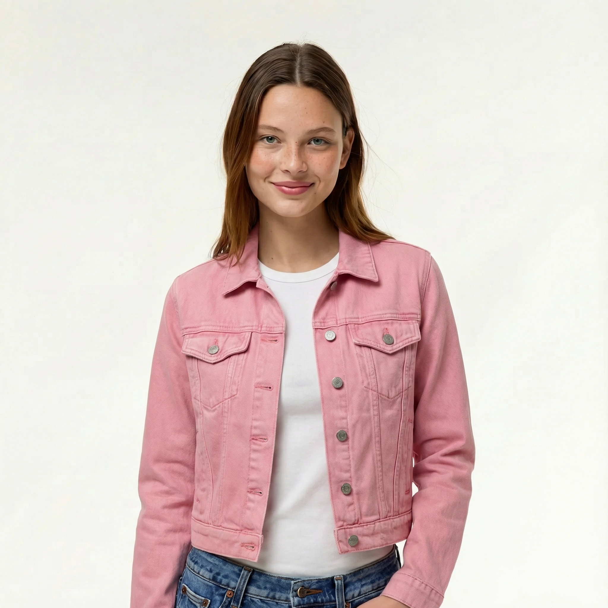 Women’s Vibrant Denim Jacket - Modern Street Style, Symmetrical Flap Pockets, Button-Front Closure