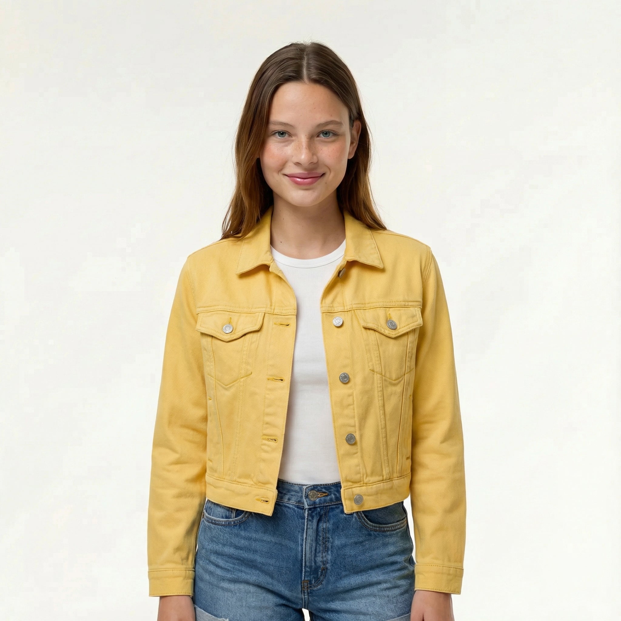 Women’s Vibrant Denim Jacket - Modern Street Style, Symmetrical Flap Pockets, Button-Front Closure