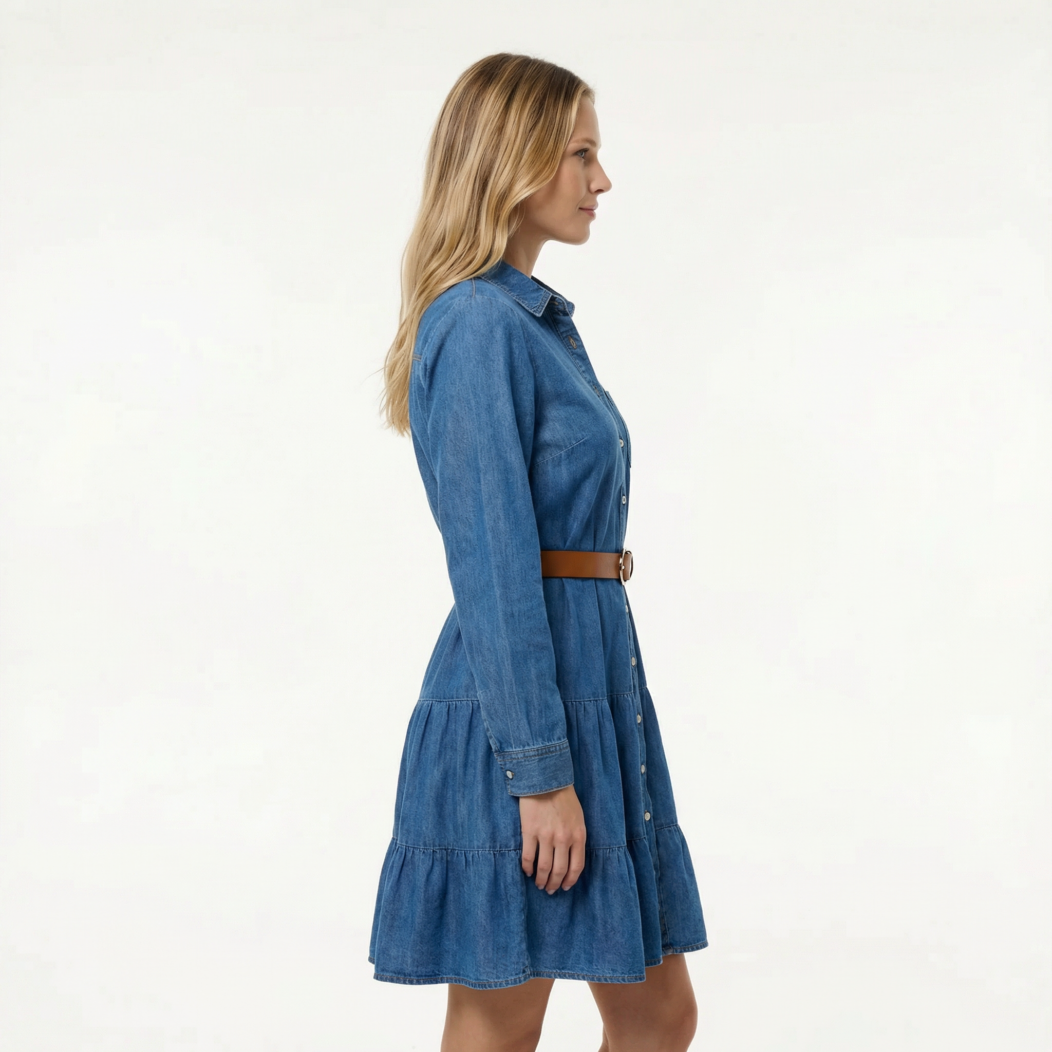Women’s Cozy Denim Flounce Dress - Feminine Ruffle Detail, Playful Winter Silhouette, Layer-Ready Style