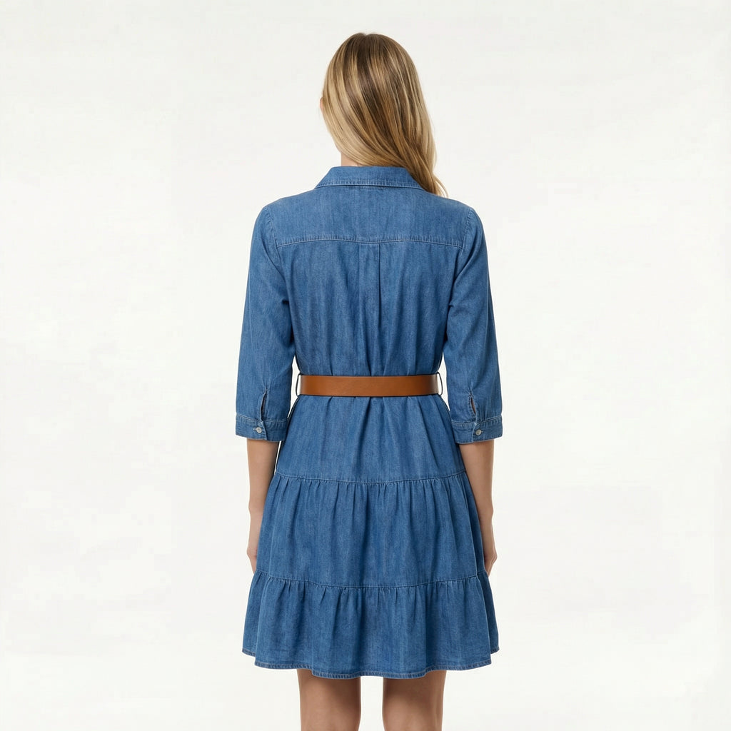 Women’s Cozy Denim Flounce Dress - Feminine Ruffle Detail, Playful Winter Silhouette, Layer-Ready Style