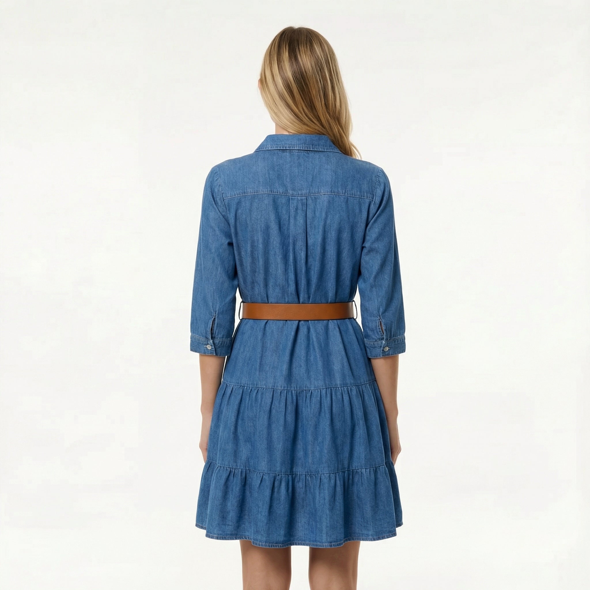 Women’s Cozy Denim Flounce Dress - Feminine Ruffle Detail, Playful Winter Silhouette, Layer-Ready Style