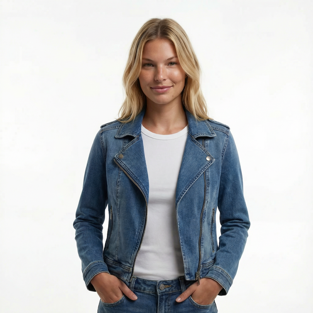 Women’s Cropped Denim Biker Jacket - Asymmetrical Zip, Lapel Collar, Adjustable Waist Strap