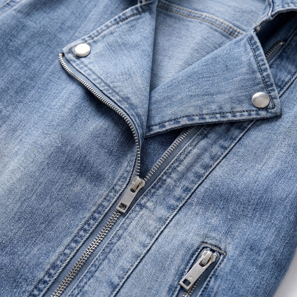 Women’s Cropped Denim Biker Jacket - Asymmetrical Zip, Lapel Collar, Adjustable Waist Strap