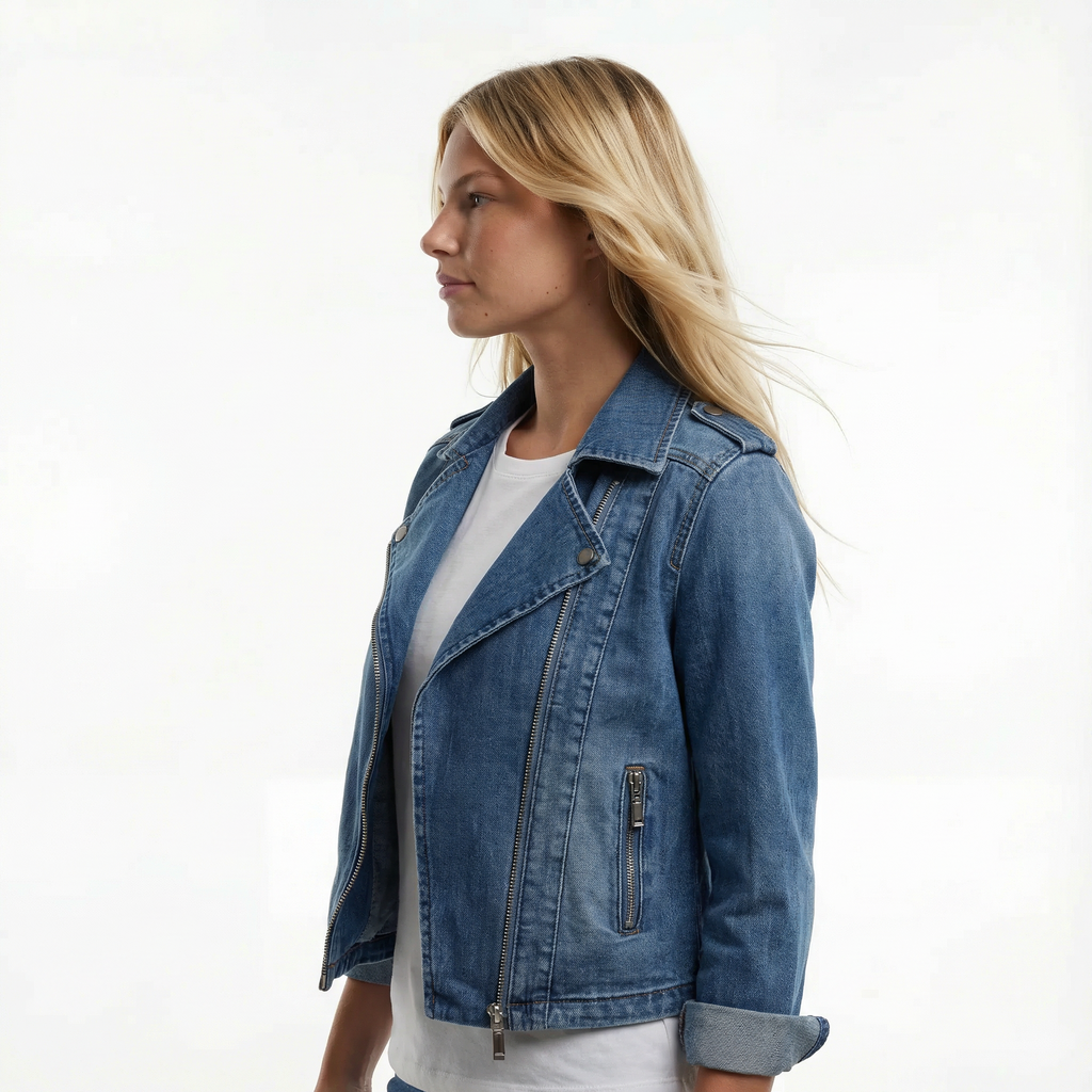 Women’s Cropped Denim Biker Jacket - Asymmetrical Zip, Lapel Collar, Adjustable Waist Strap
