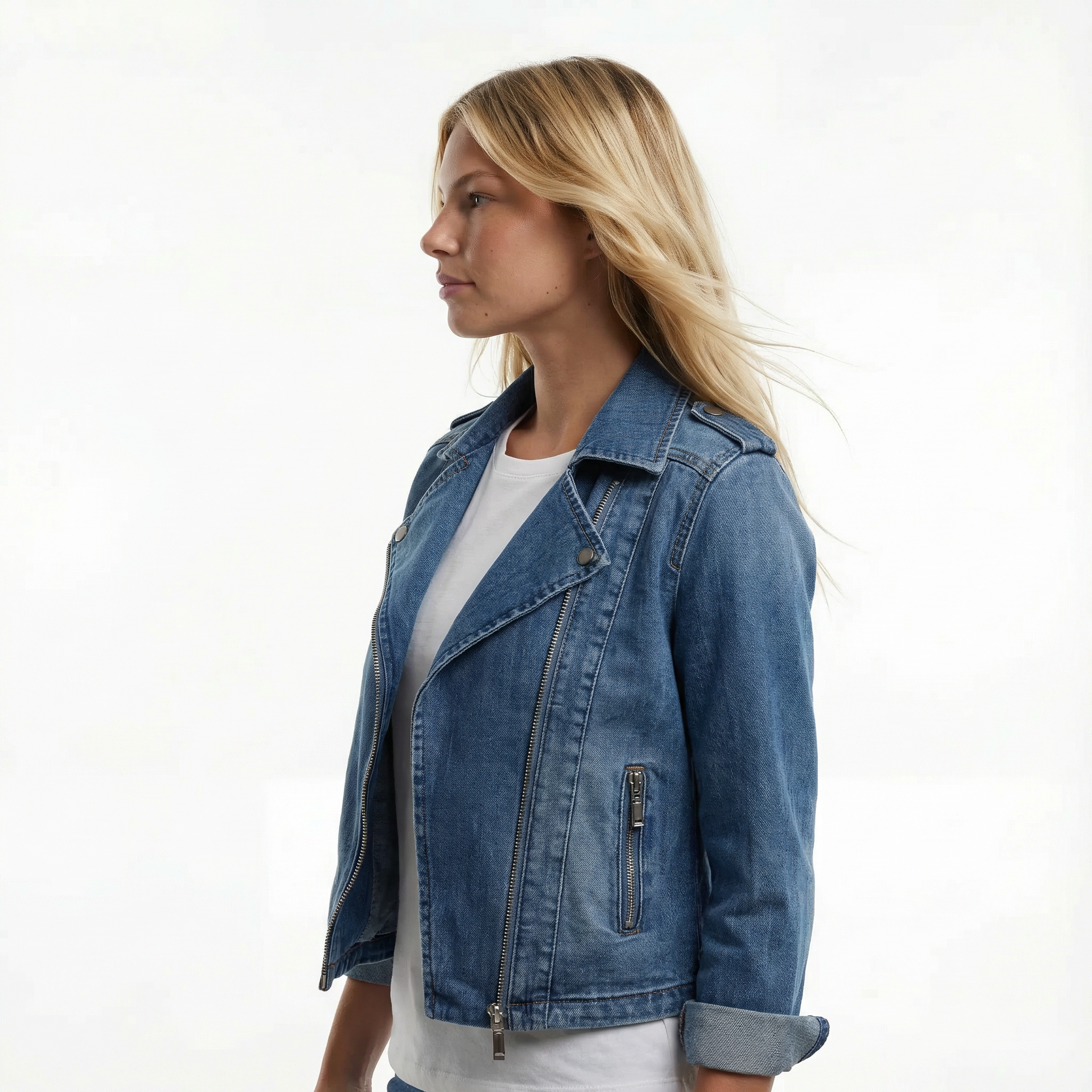 Women’s Cropped Denim Biker Jacket - Asymmetrical Zip, Lapel Collar, Adjustable Waist Strap