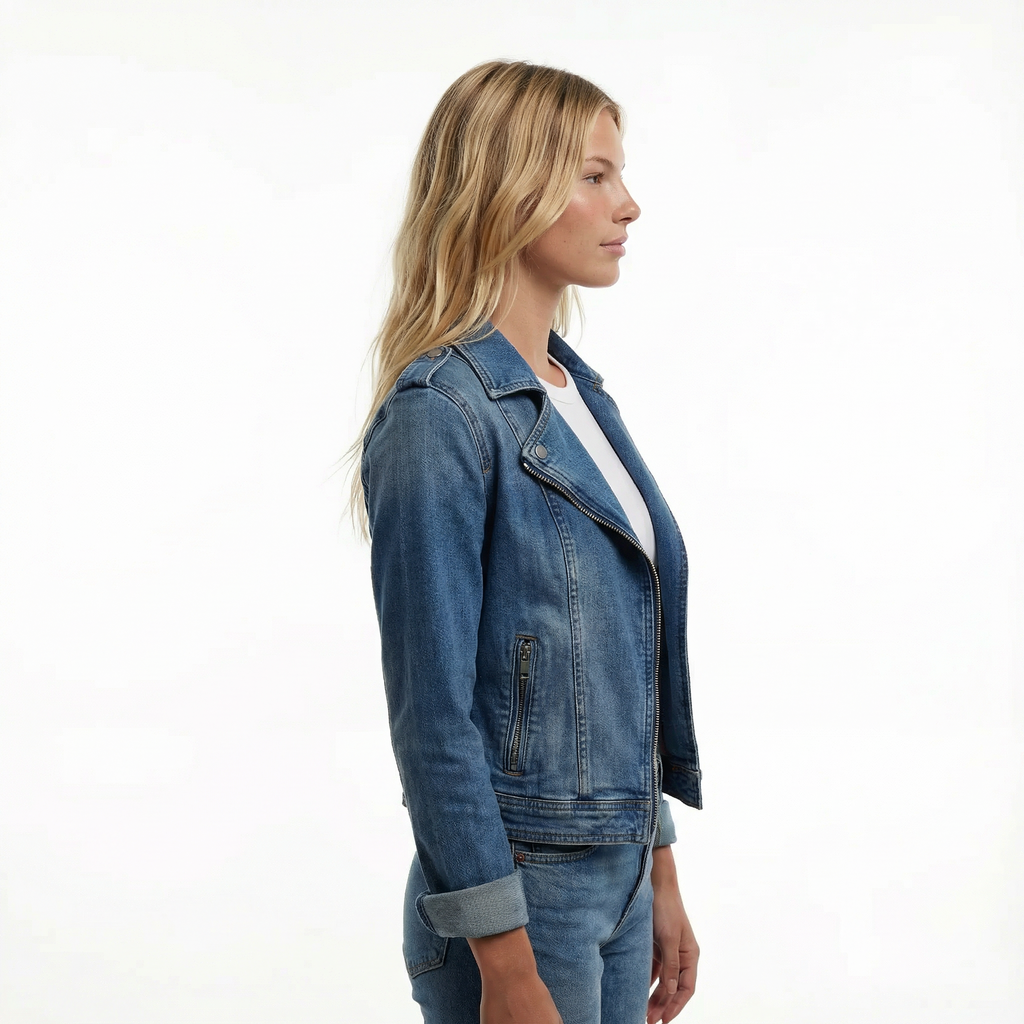 Women’s Cropped Denim Biker Jacket - Asymmetrical Zip, Lapel Collar, Adjustable Waist Strap