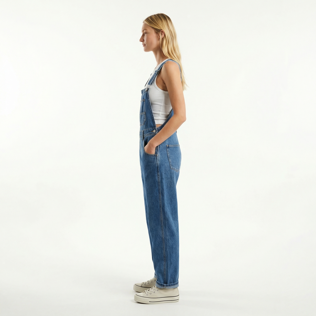Women’s Denim Dungaree Jumpsuit - Relaxed Straight Leg, Adjustable Straps, Functional Utility Pockets