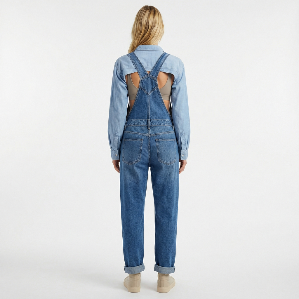 Women’s Denim Dungaree Jumpsuit - Relaxed Straight Leg, Adjustable Straps, Functional Utility Pockets