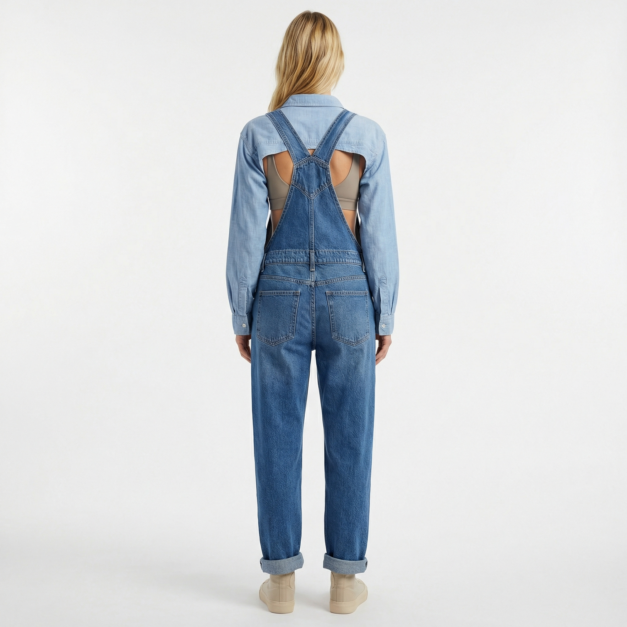 Women’s Denim Dungaree Jumpsuit - Relaxed Straight Leg, Adjustable Straps, Functional Utility Pockets
