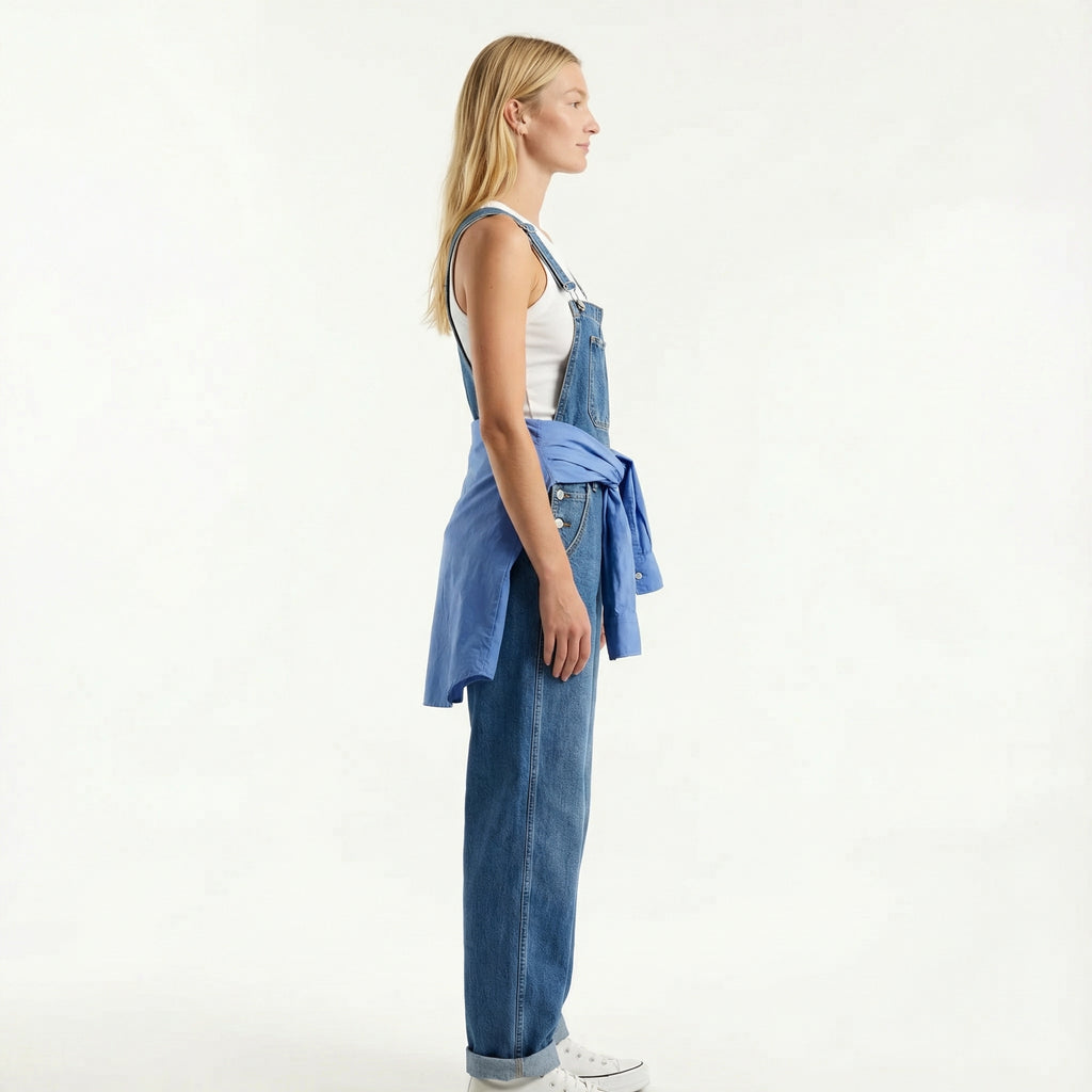 Women’s Denim Dungaree Jumpsuit - Relaxed Straight Leg, Adjustable Straps, Functional Utility Pockets