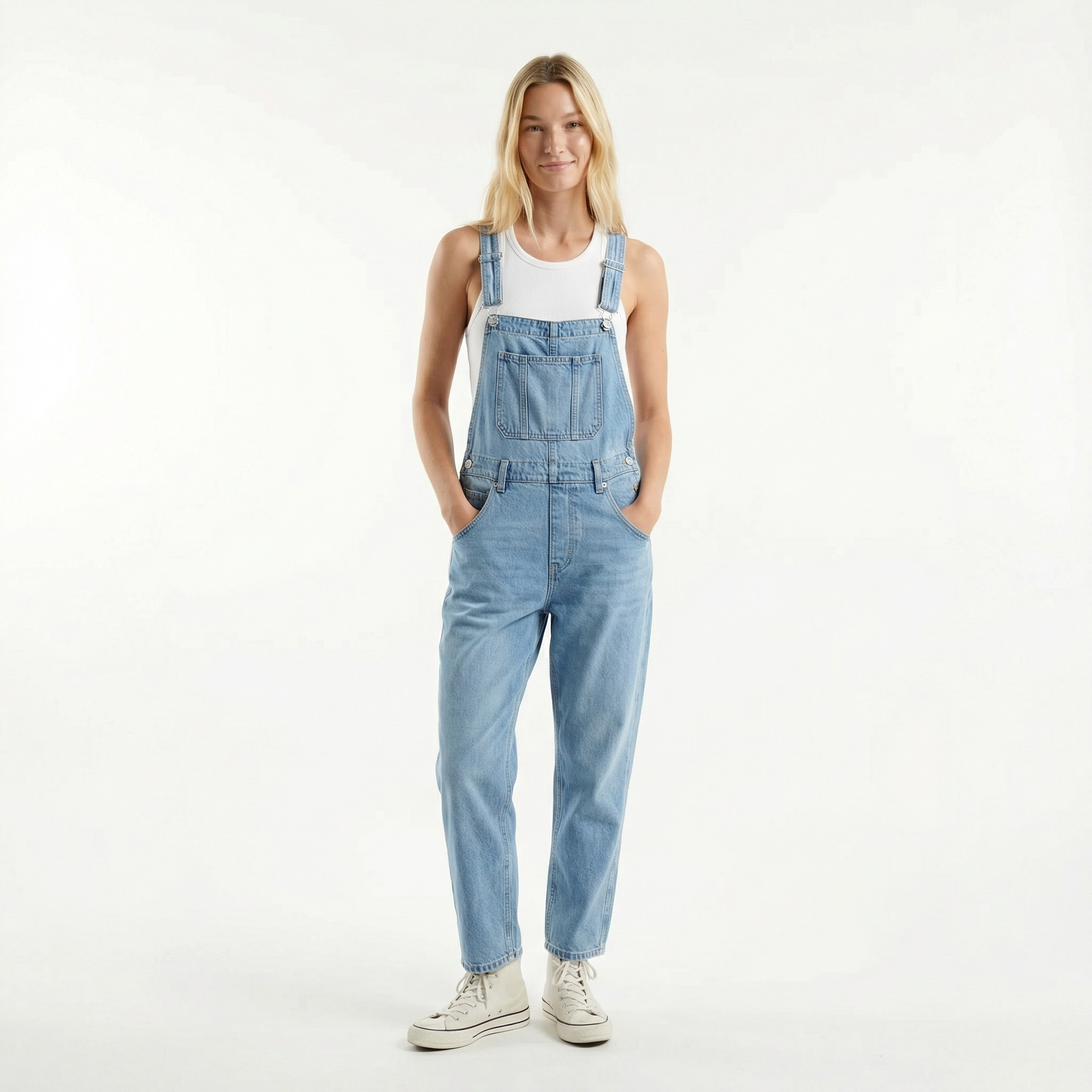 Women’s Denim Dungaree Jumpsuit - Relaxed Straight Leg, Adjustable Straps, Functional Utility Pockets