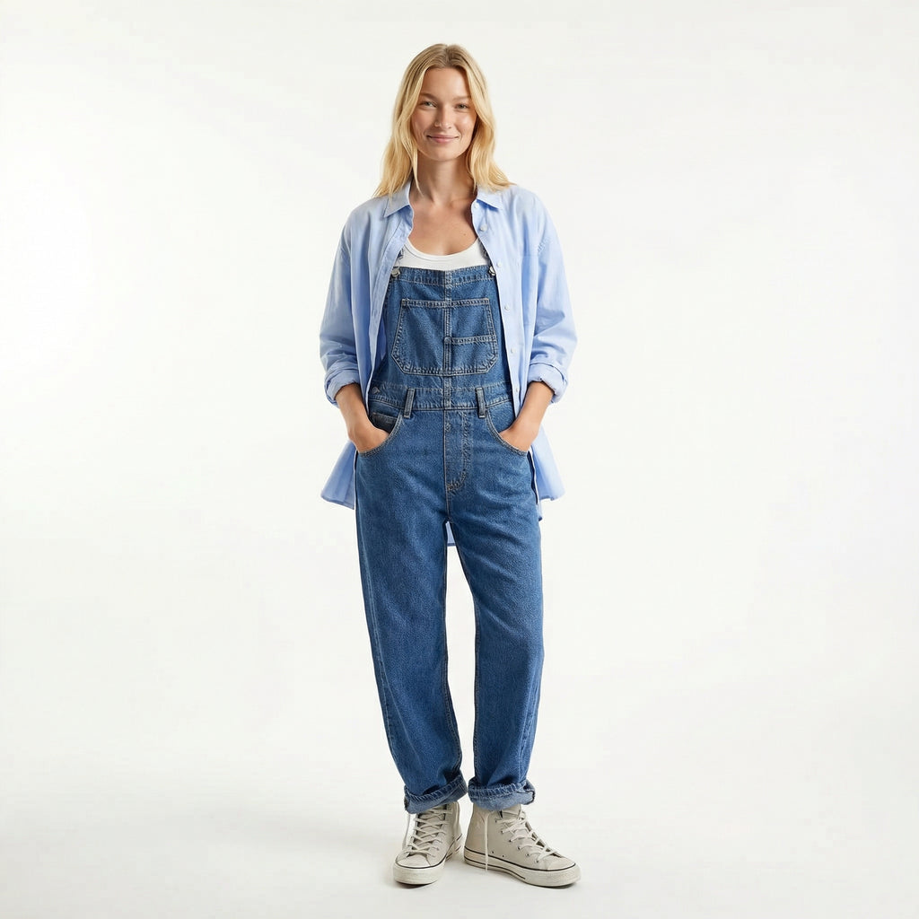 Women’s Denim Dungaree Jumpsuit - Relaxed Straight Leg, Adjustable Straps, Functional Utility Pockets