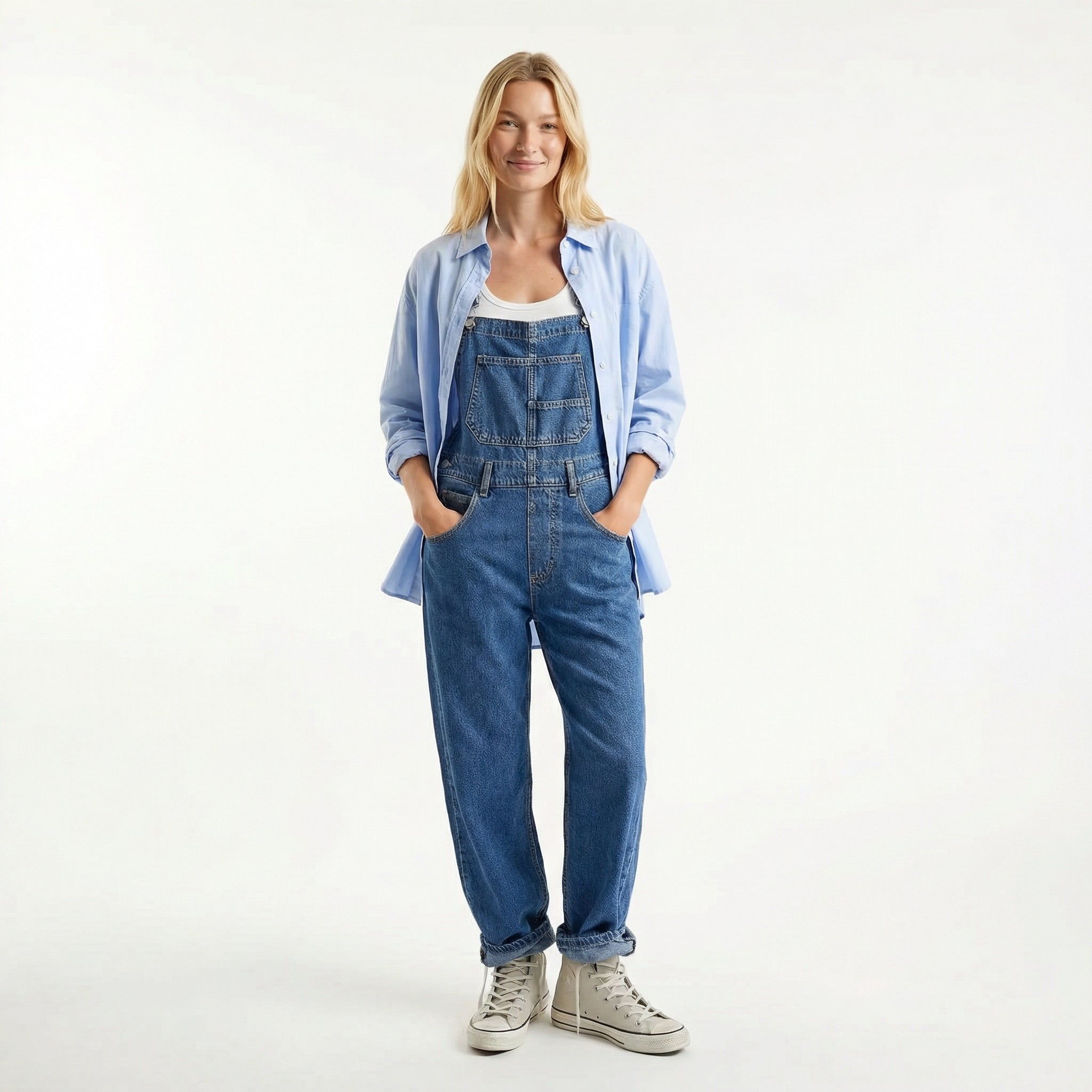 Women’s Denim Dungaree Jumpsuit - Relaxed Straight Leg, Adjustable Straps, Functional Utility Pockets