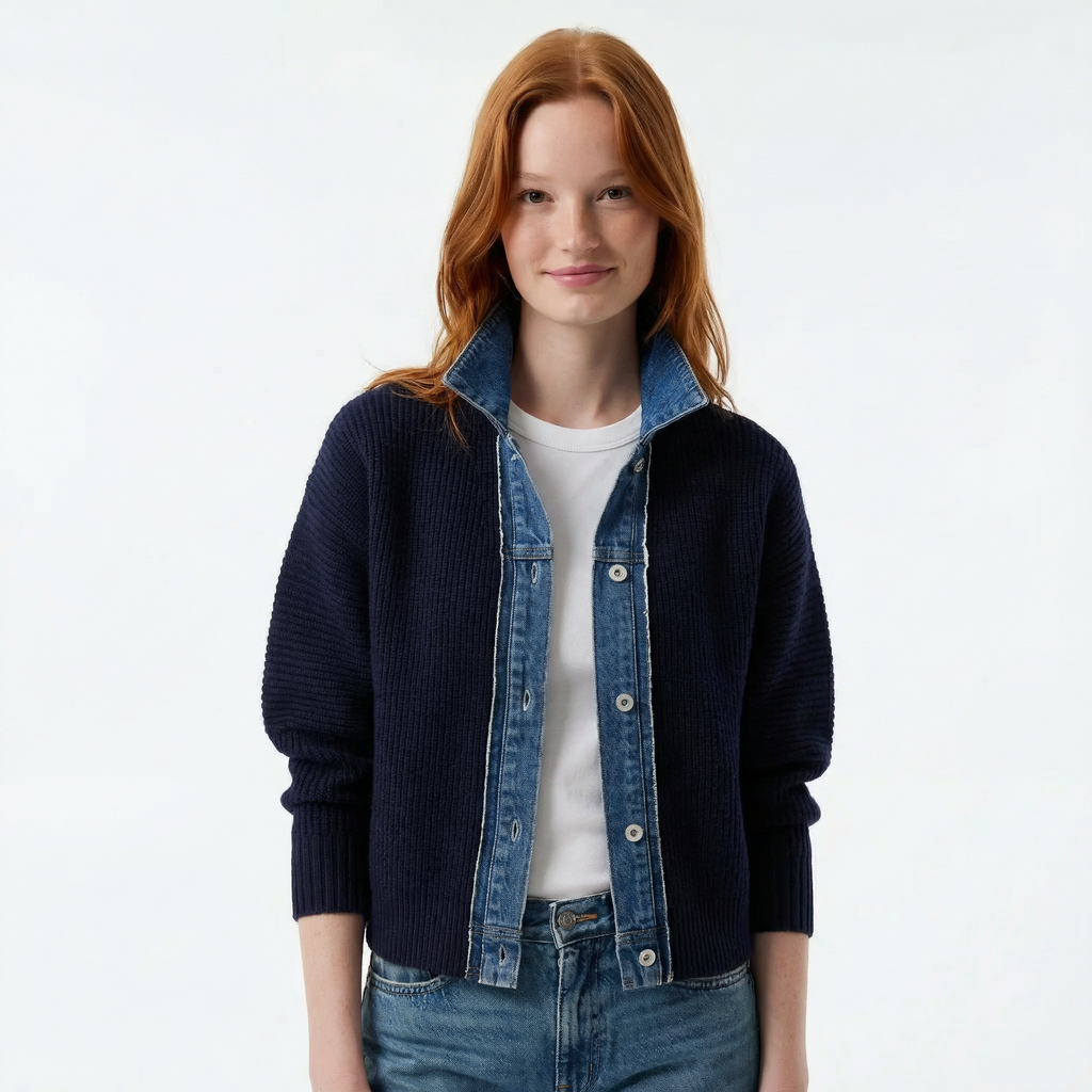 Navy Contrast Denim Trim Knit Cardigan - Ribbed Body, Slim Fit, Structured Button Placket