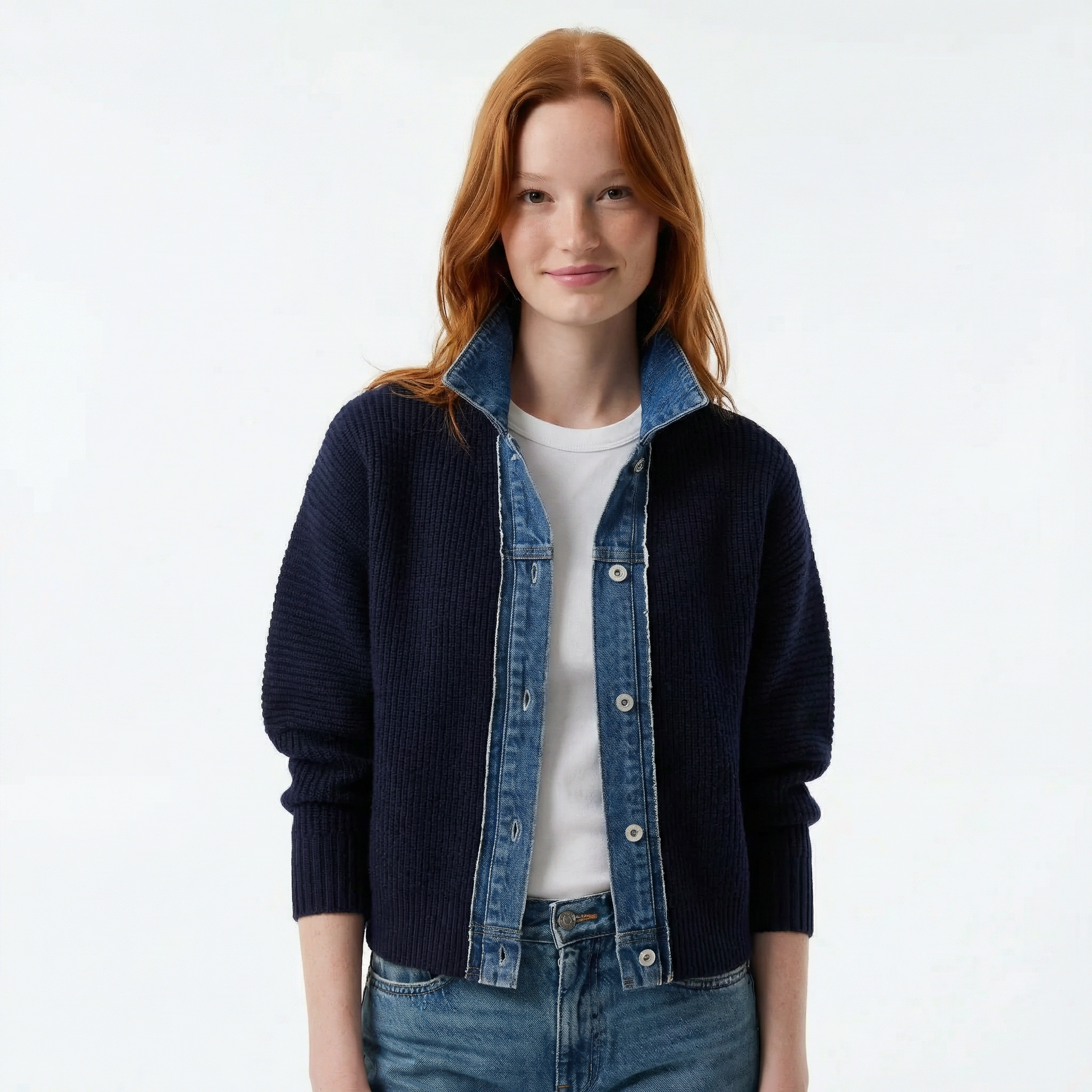 Navy Contrast Denim Trim Knit Cardigan - Ribbed Body, Slim Fit, Structured Button Placket