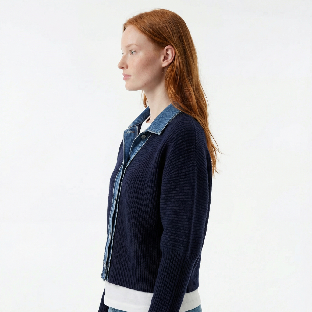 Navy Contrast Denim Trim Knit Cardigan - Ribbed Body, Slim Fit, Structured Button Placket