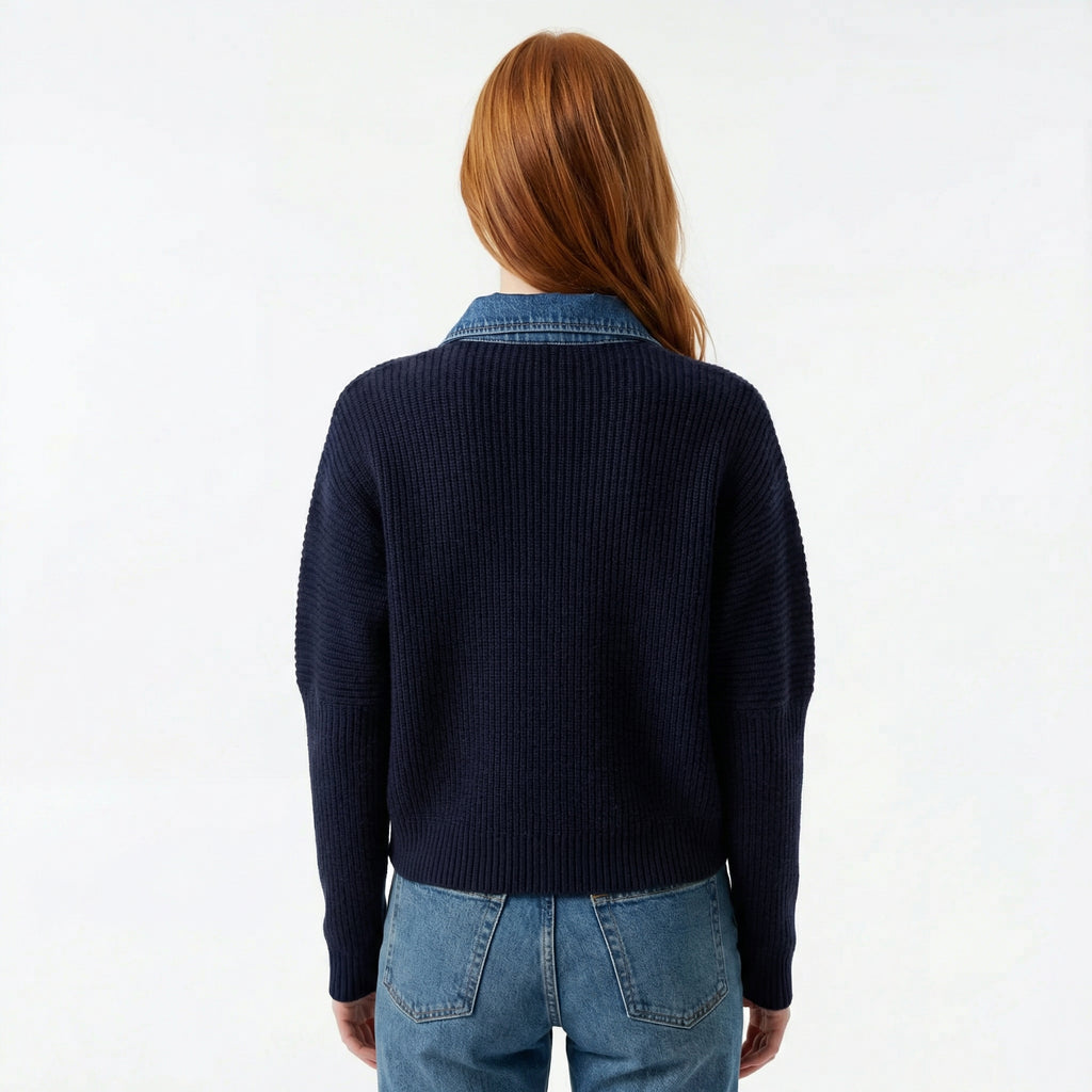 Navy Contrast Denim Trim Knit Cardigan - Ribbed Body, Slim Fit, Structured Button Placket