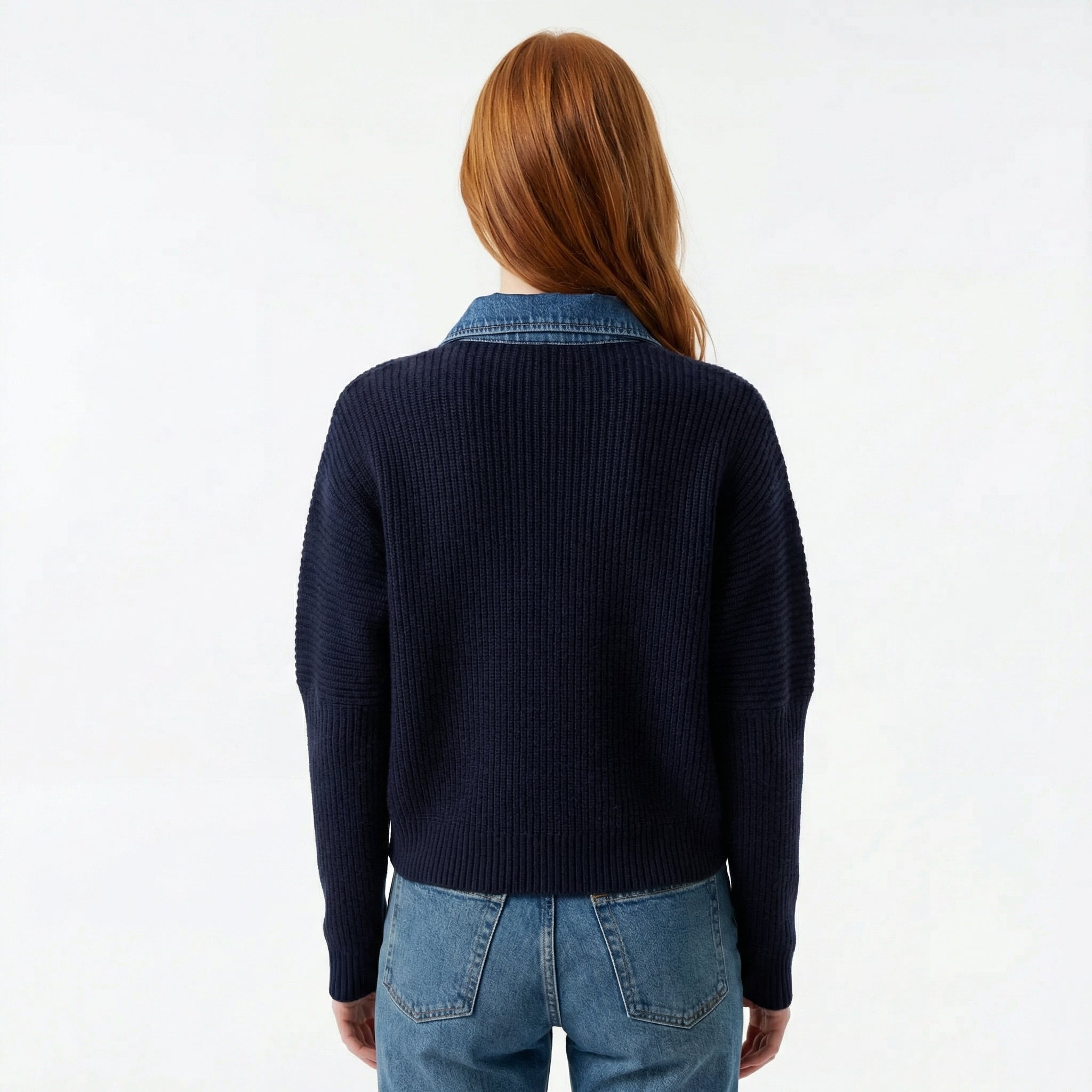 Navy Contrast Denim Trim Knit Cardigan - Ribbed Body, Slim Fit, Structured Button Placket