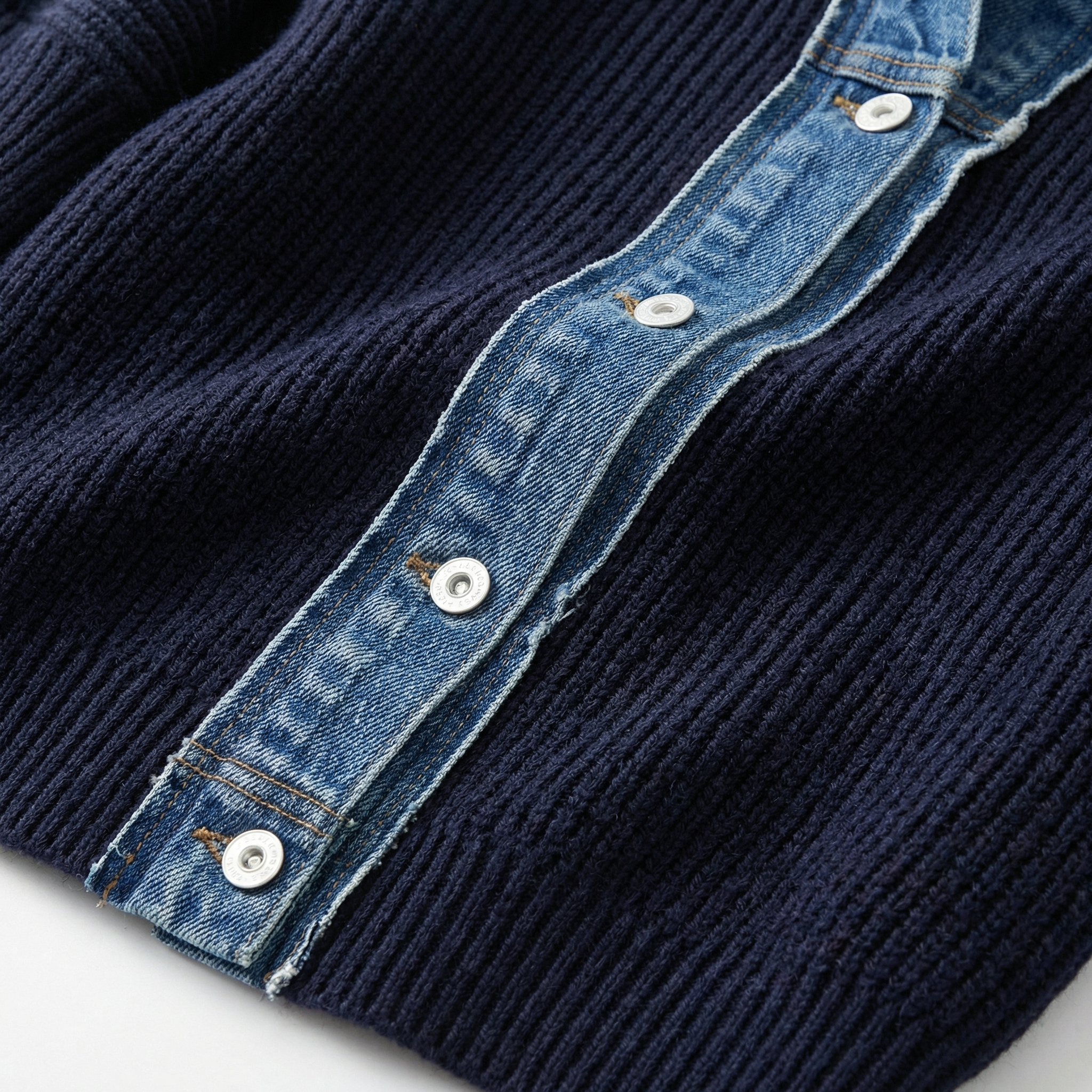 Navy Contrast Denim Trim Knit Cardigan - Ribbed Body, Slim Fit, Structured Button Placket