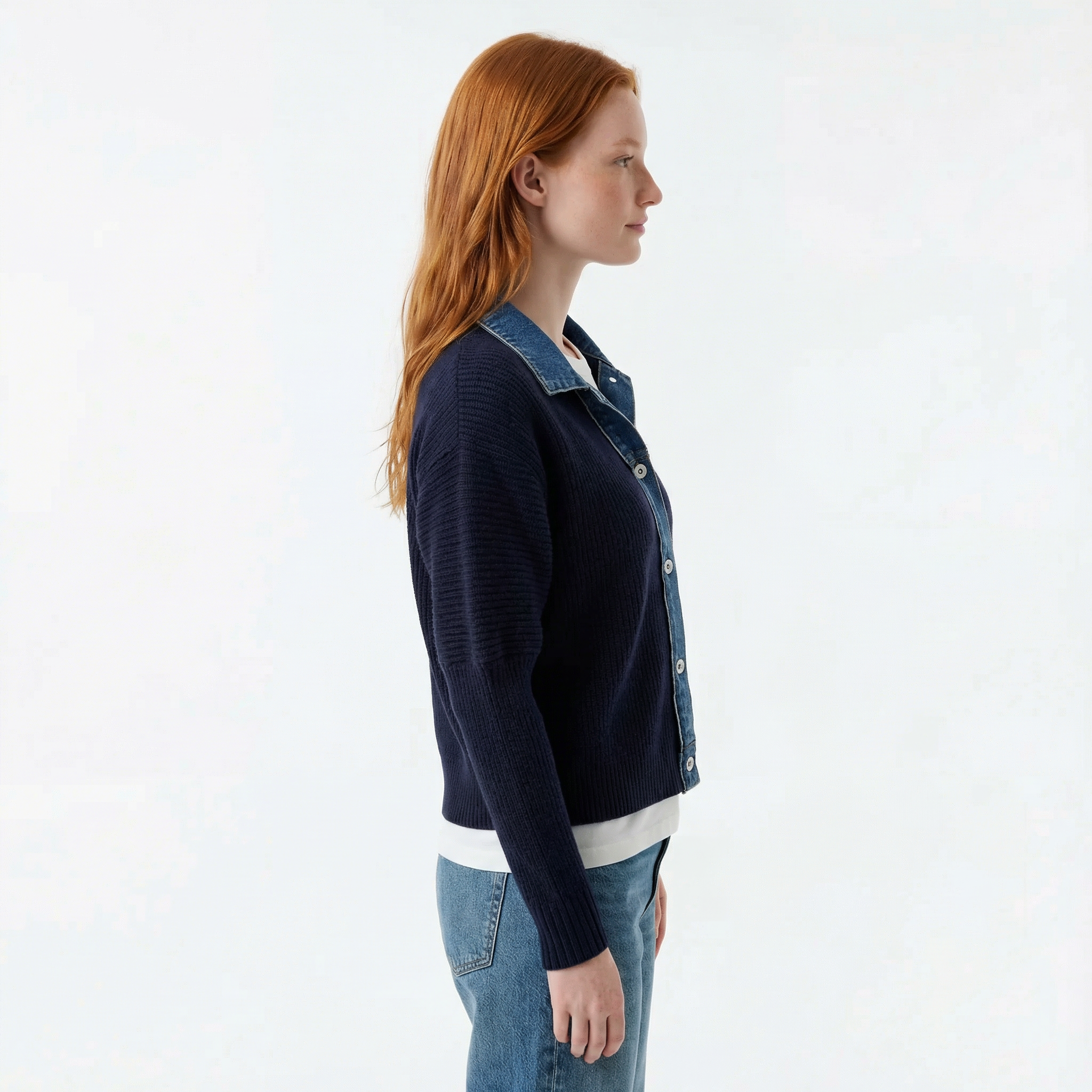 Navy Contrast Denim Trim Knit Cardigan - Ribbed Body, Slim Fit, Structured Button Placket