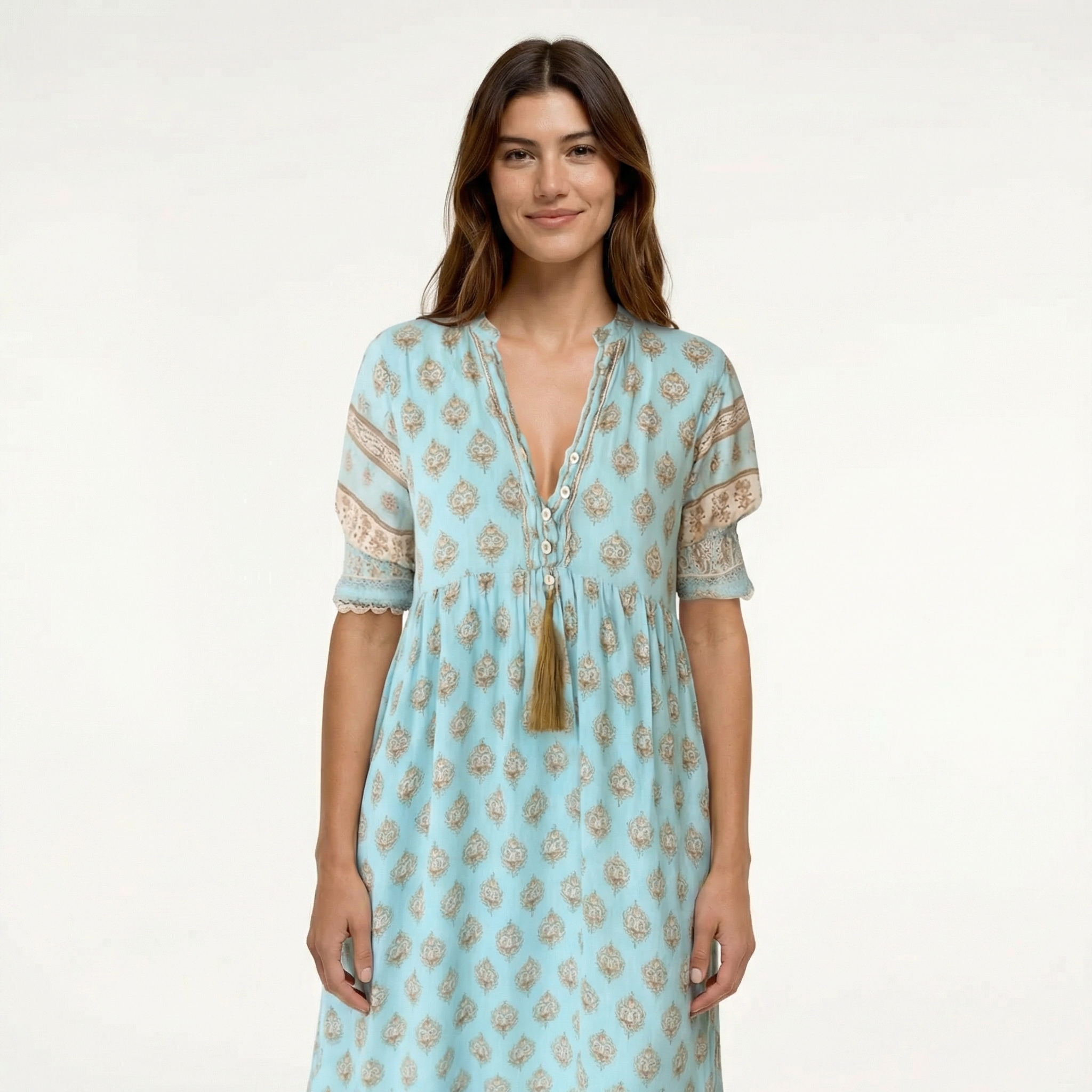 Boho Printed Midi Dress - 3/4 Sleeve, Tiered Hem, Tassel Neckline (with Pockets)