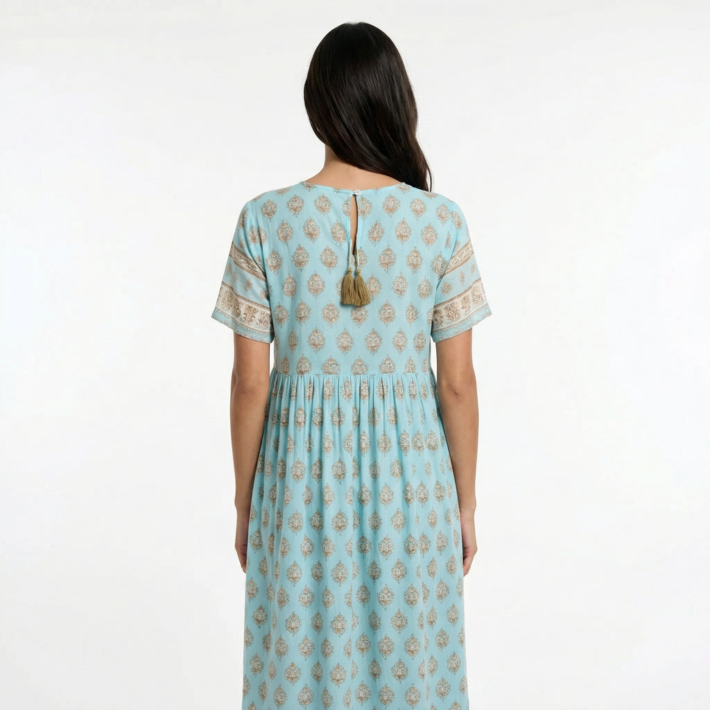 Boho Printed Midi Dress - 3/4 Sleeve, Tiered Hem, Tassel Neckline (with Pockets)