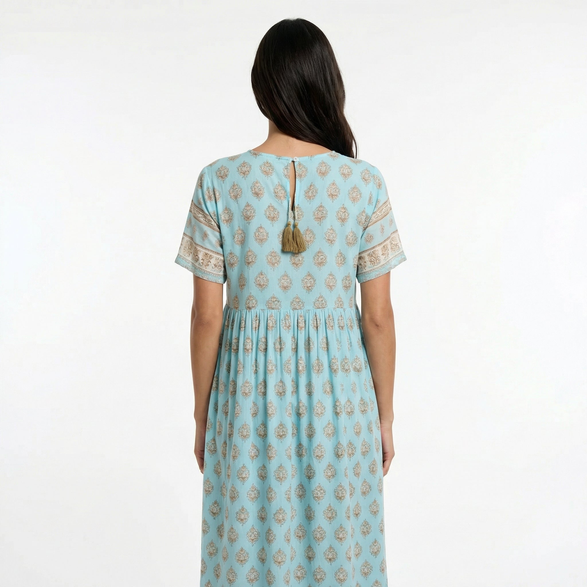 Boho Printed Midi Dress - 3/4 Sleeve, Tiered Hem, Tassel Neckline (with Pockets)