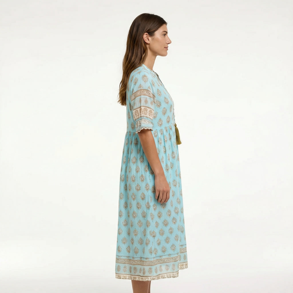 Boho Printed Midi Dress - 3/4 Sleeve, Tiered Hem, Tassel Neckline (with Pockets)