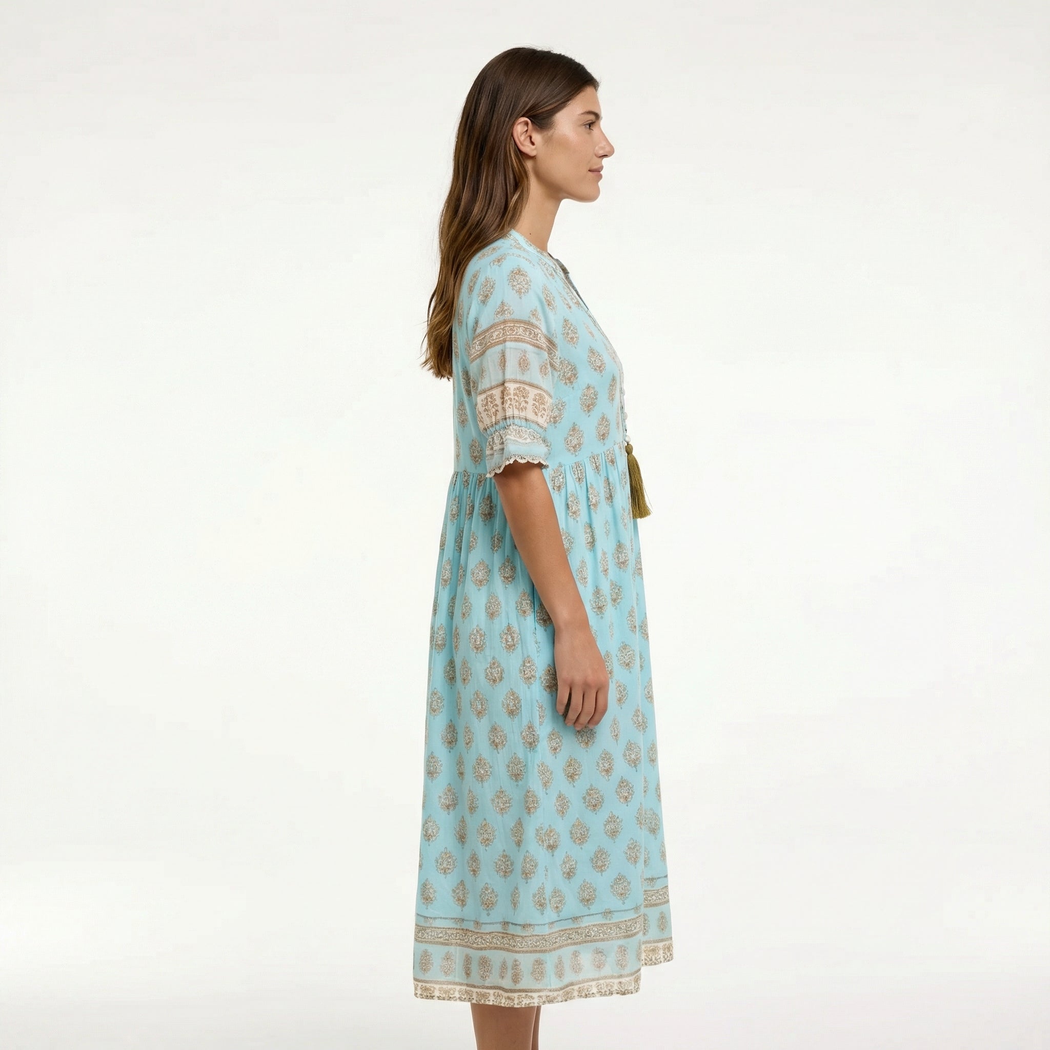 Boho Printed Midi Dress - 3/4 Sleeve, Tiered Hem, Tassel Neckline (with Pockets)