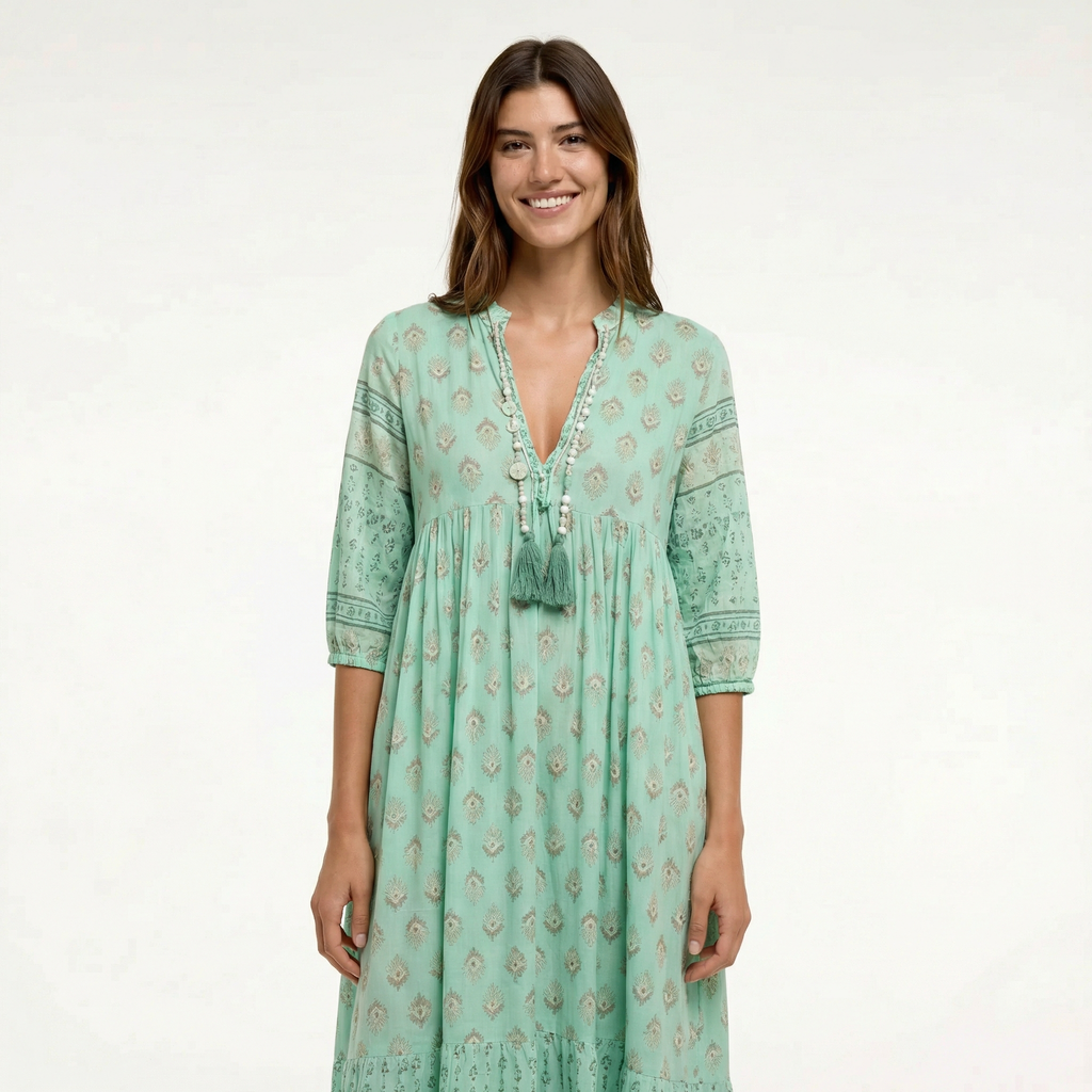 Boho Printed Midi Dress - 3/4 Sleeve, Tiered Hem, Tassel Neckline (with Pockets)