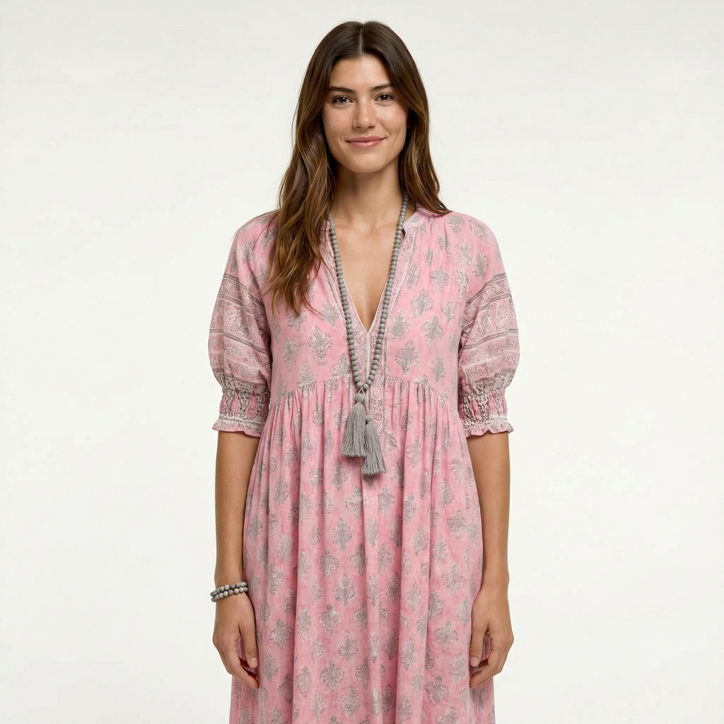 Boho Printed Midi Dress - 3/4 Sleeve, Tiered Hem, Tassel Neckline (with Pockets)