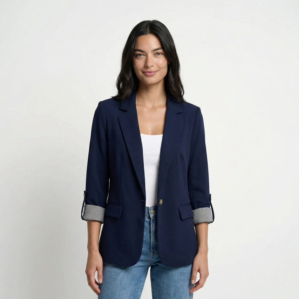Women's Tailored Blazer - Roll-Up Sleeves with Striped Lining, Structured Lapel, Single-Button Closure