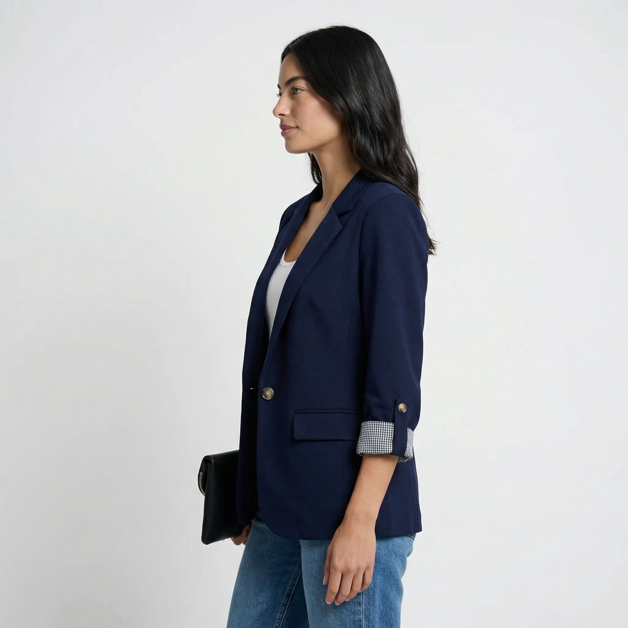 Women's Tailored Blazer - Roll-Up Sleeves with Striped Lining, Structured Lapel, Single-Button Closure