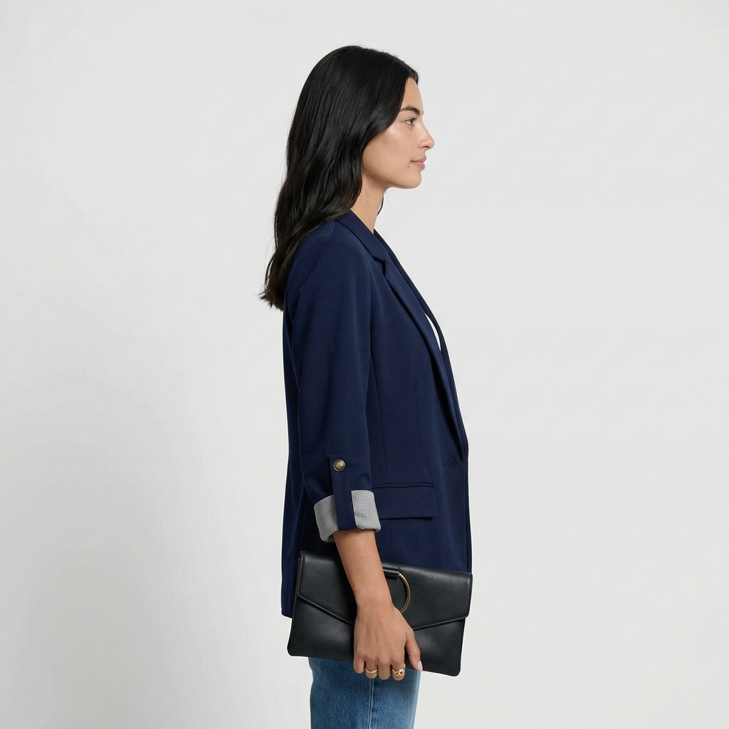 Women's Tailored Blazer - Roll-Up Sleeves with Striped Lining, Structured Lapel, Single-Button Closure