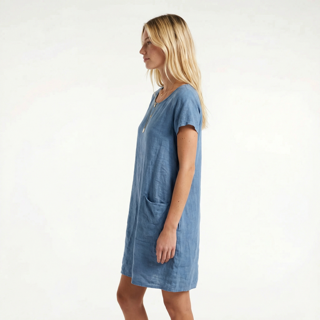 Women’s Cotton Midi Summer Dress - Relaxed Fit, Short Sleeve, Functional Side Pockets