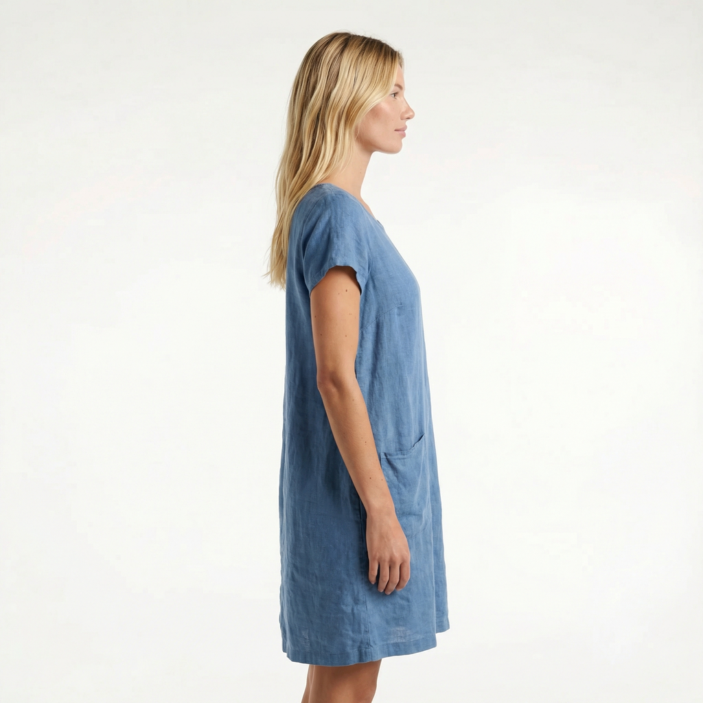Women’s Cotton Midi Summer Dress - Relaxed Fit, Short Sleeve, Functional Side Pockets