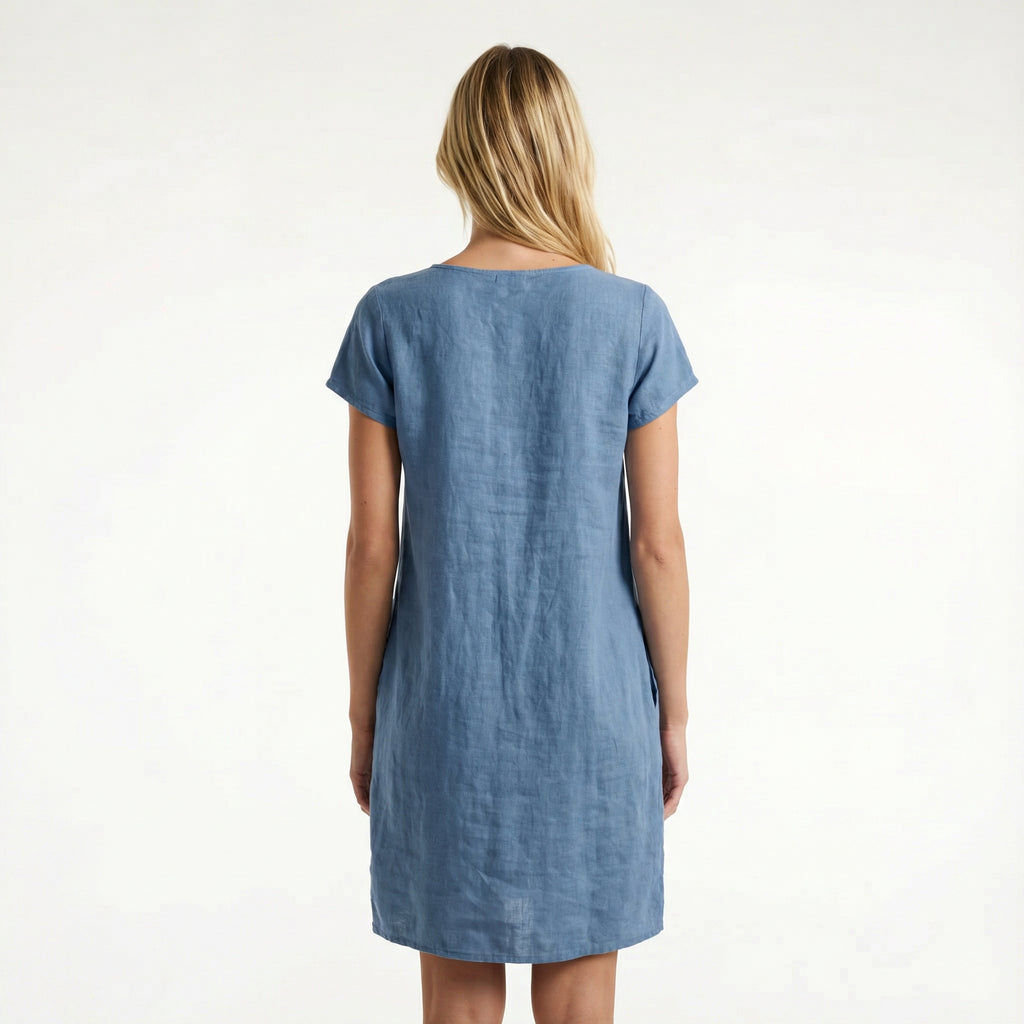 Women’s Cotton Midi Summer Dress - Relaxed Fit, Short Sleeve, Functional Side Pockets