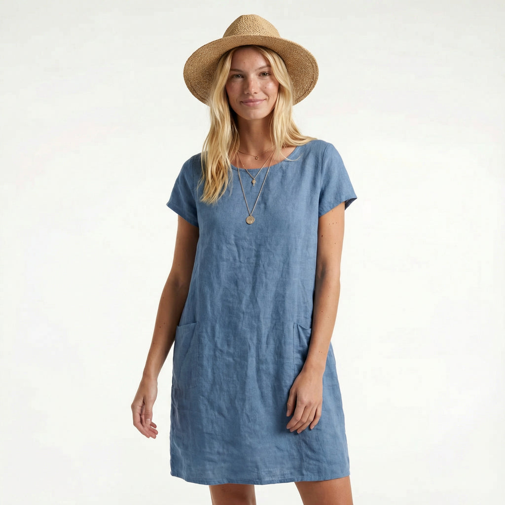 Women’s Cotton Midi Summer Dress - Relaxed Fit, Short Sleeve, Functional Side Pockets