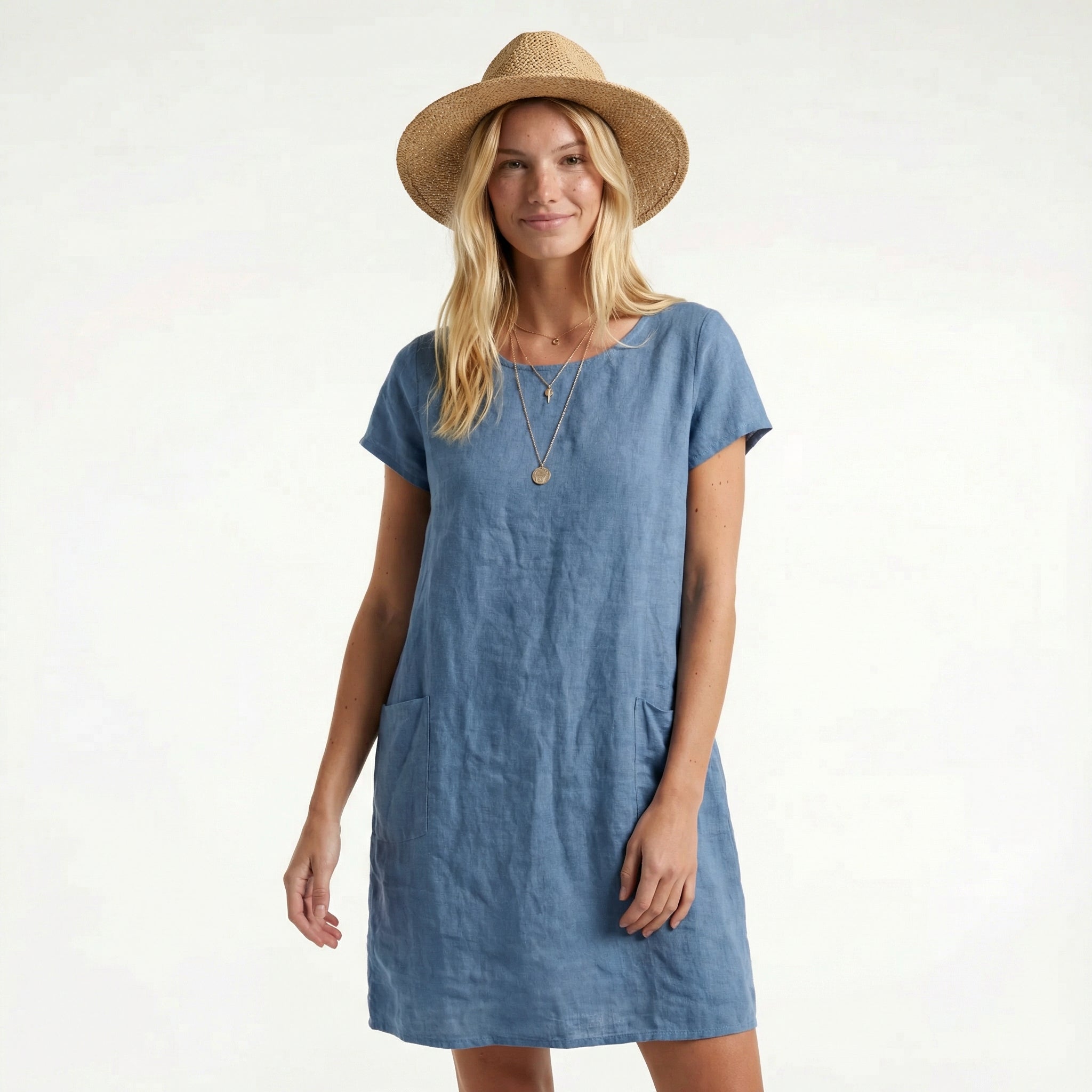Women’s Cotton Midi Summer Dress - Relaxed Fit, Short Sleeve, Functional Side Pockets