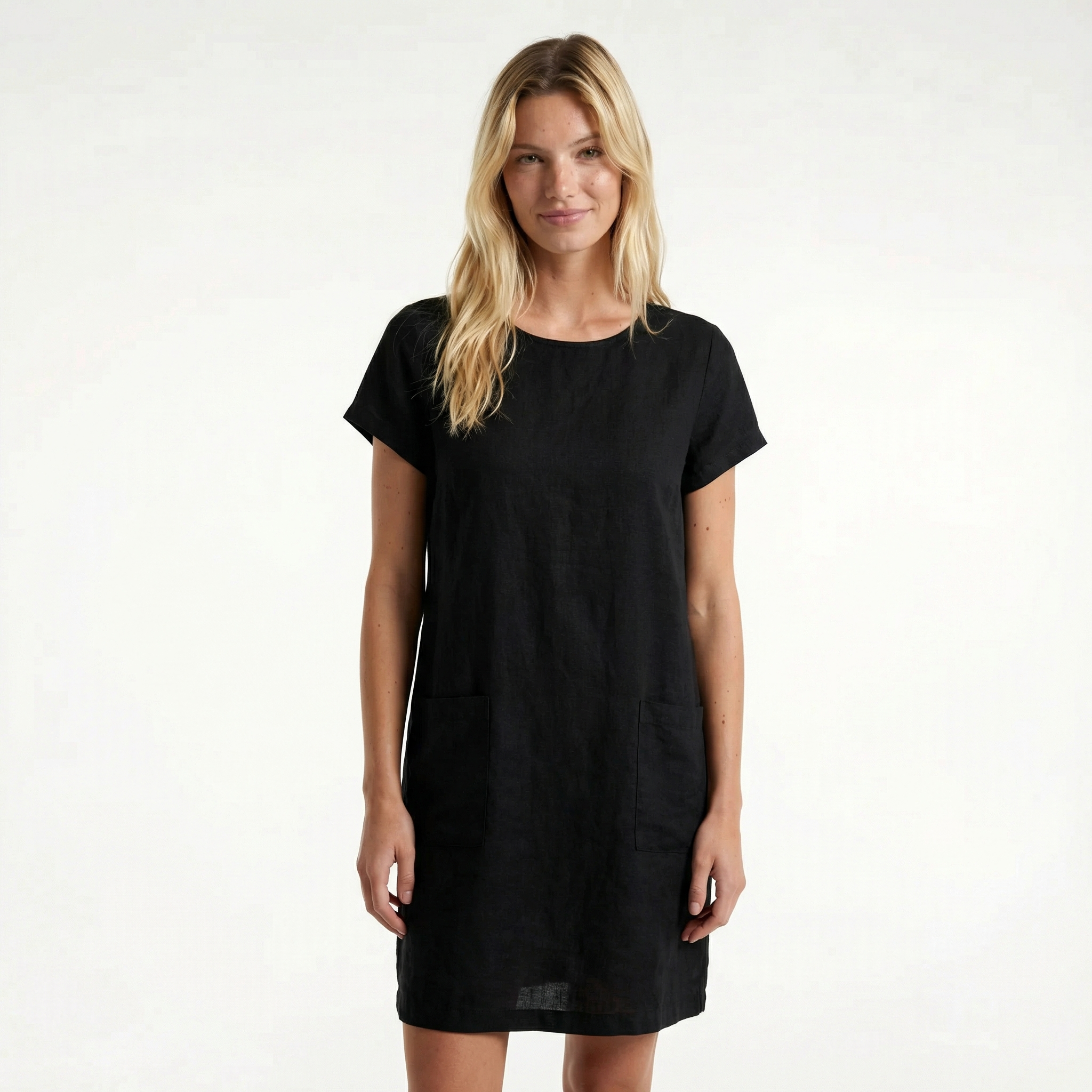 Women’s Cotton Midi Summer Dress - Relaxed Fit, Short Sleeve, Functional Side Pockets