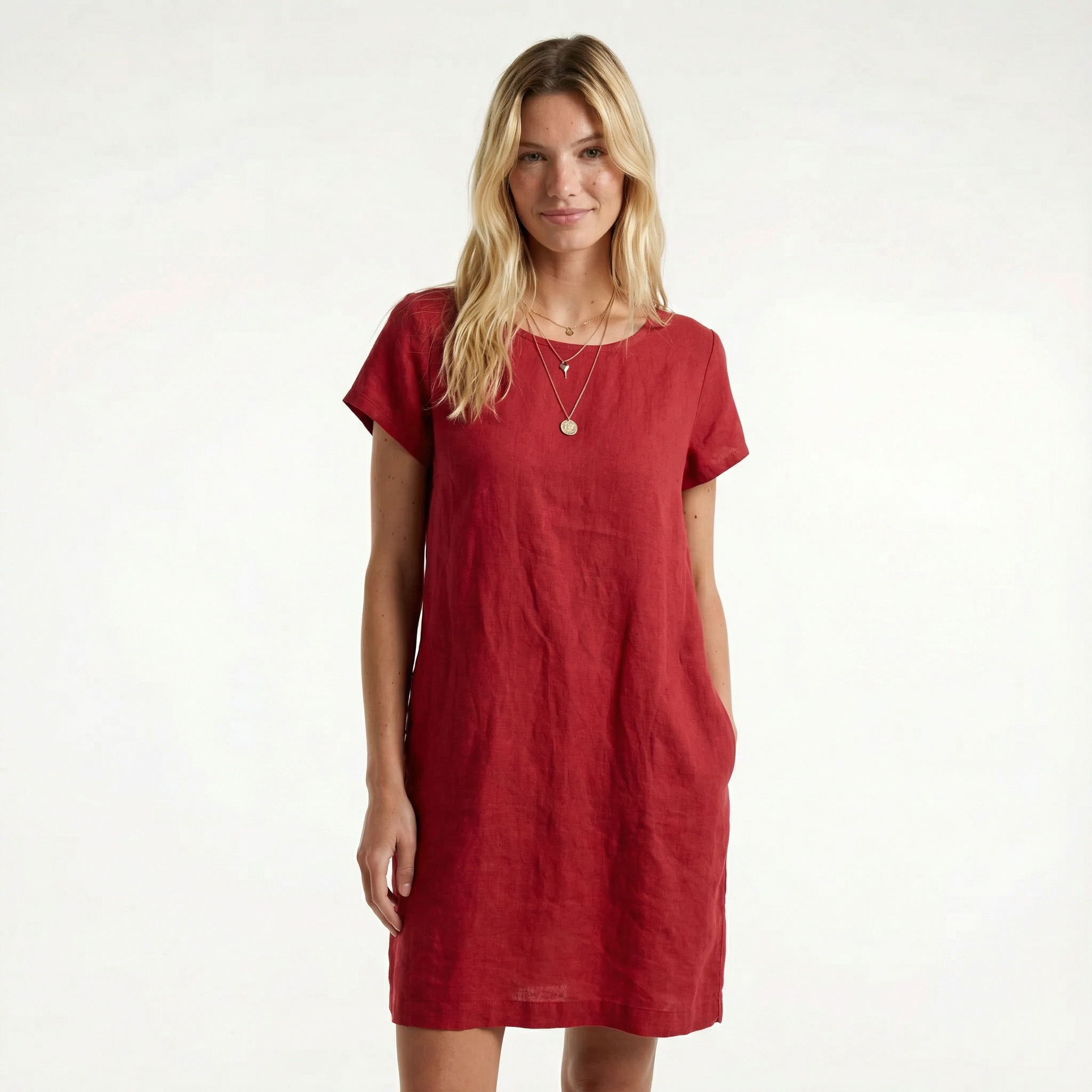 Women’s Cotton Midi Summer Dress - Relaxed Fit, Short Sleeve, Functional Side Pockets