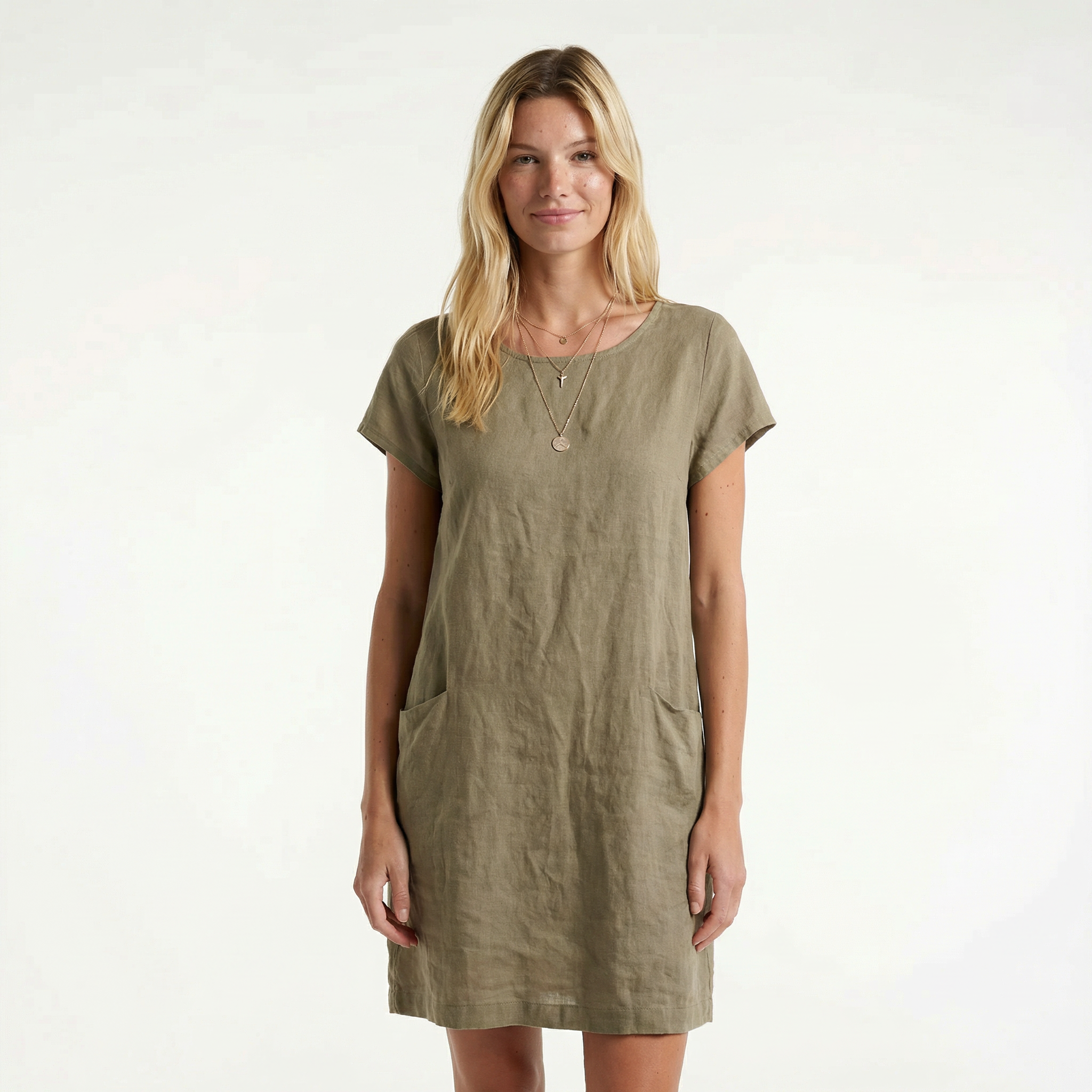 Women’s Cotton Midi Summer Dress - Relaxed Fit, Short Sleeve, Functional Side Pockets