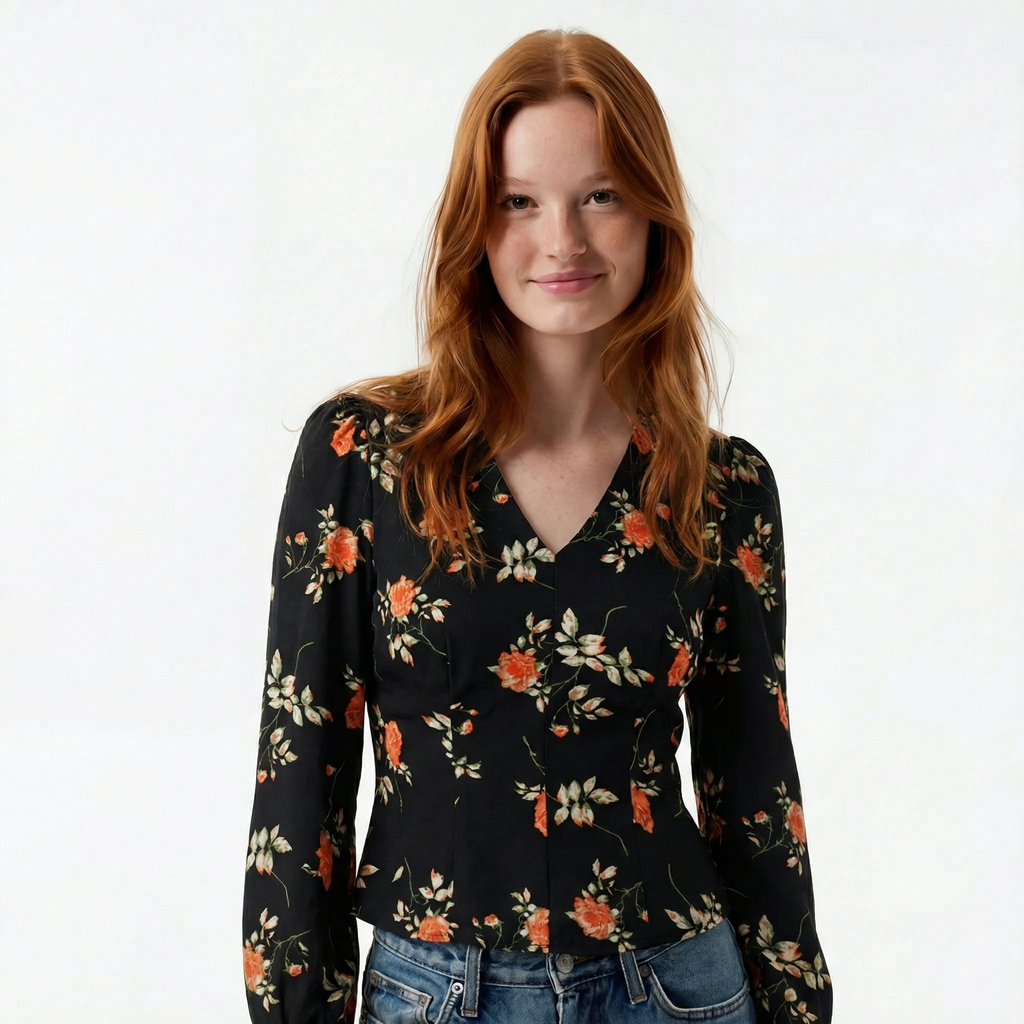 Black Elegant Floral Blouse - V Neck, Long Lantern Sleeve, Slim Fit Ruched Design