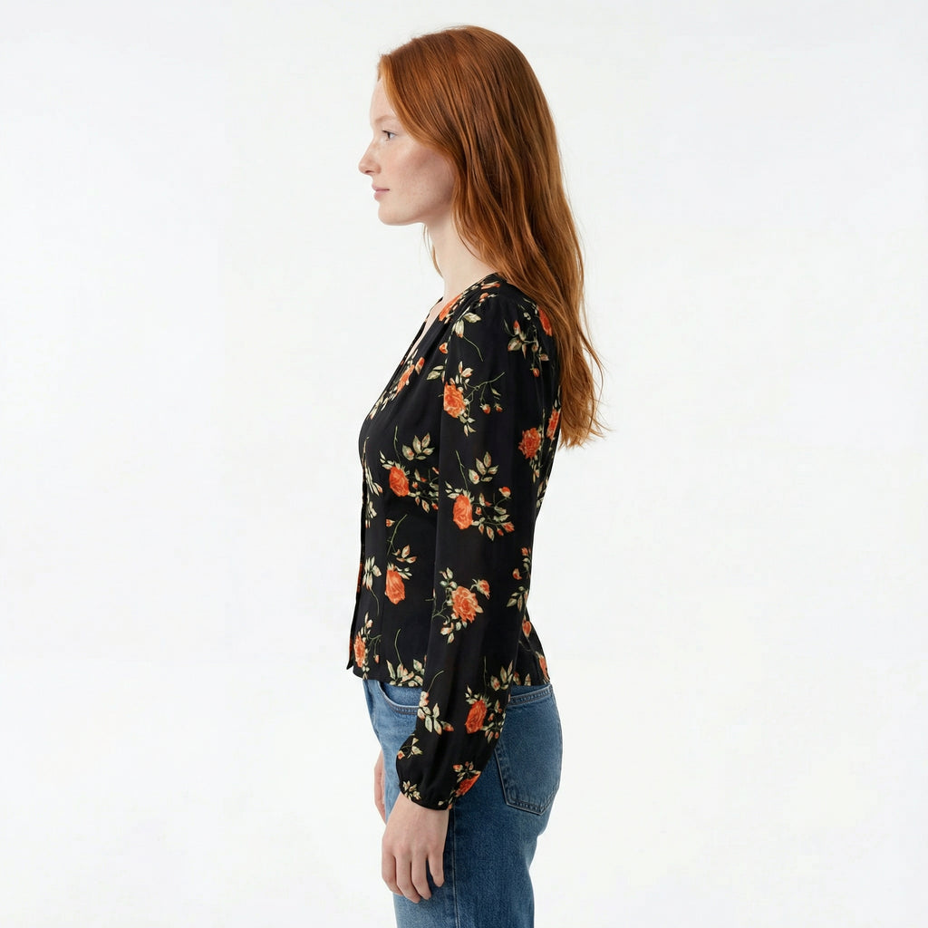 Black Elegant Floral Blouse - V Neck, Long Lantern Sleeve, Slim Fit Ruched Design