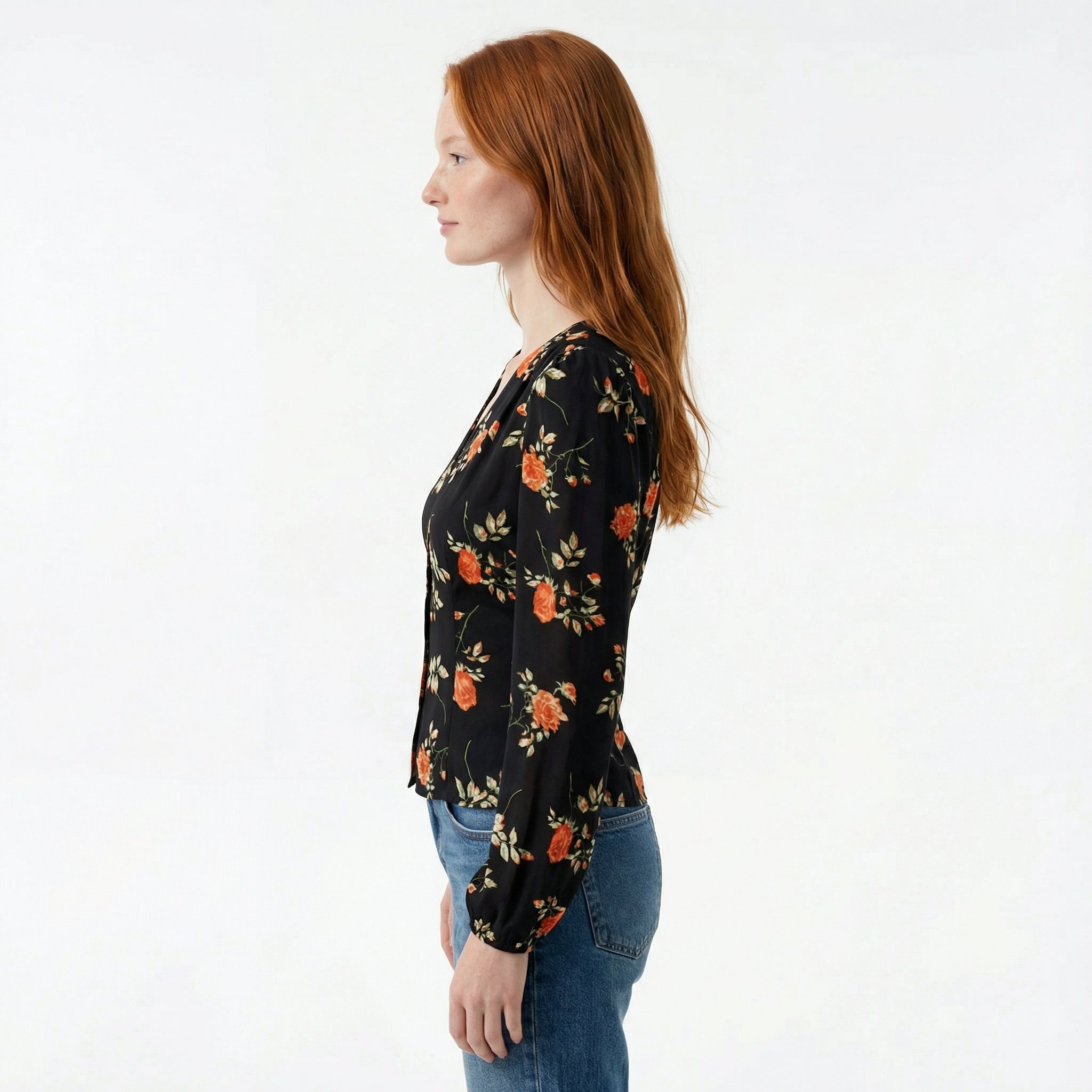 Black Elegant Floral Blouse - V Neck, Long Lantern Sleeve, Slim Fit Ruched Design