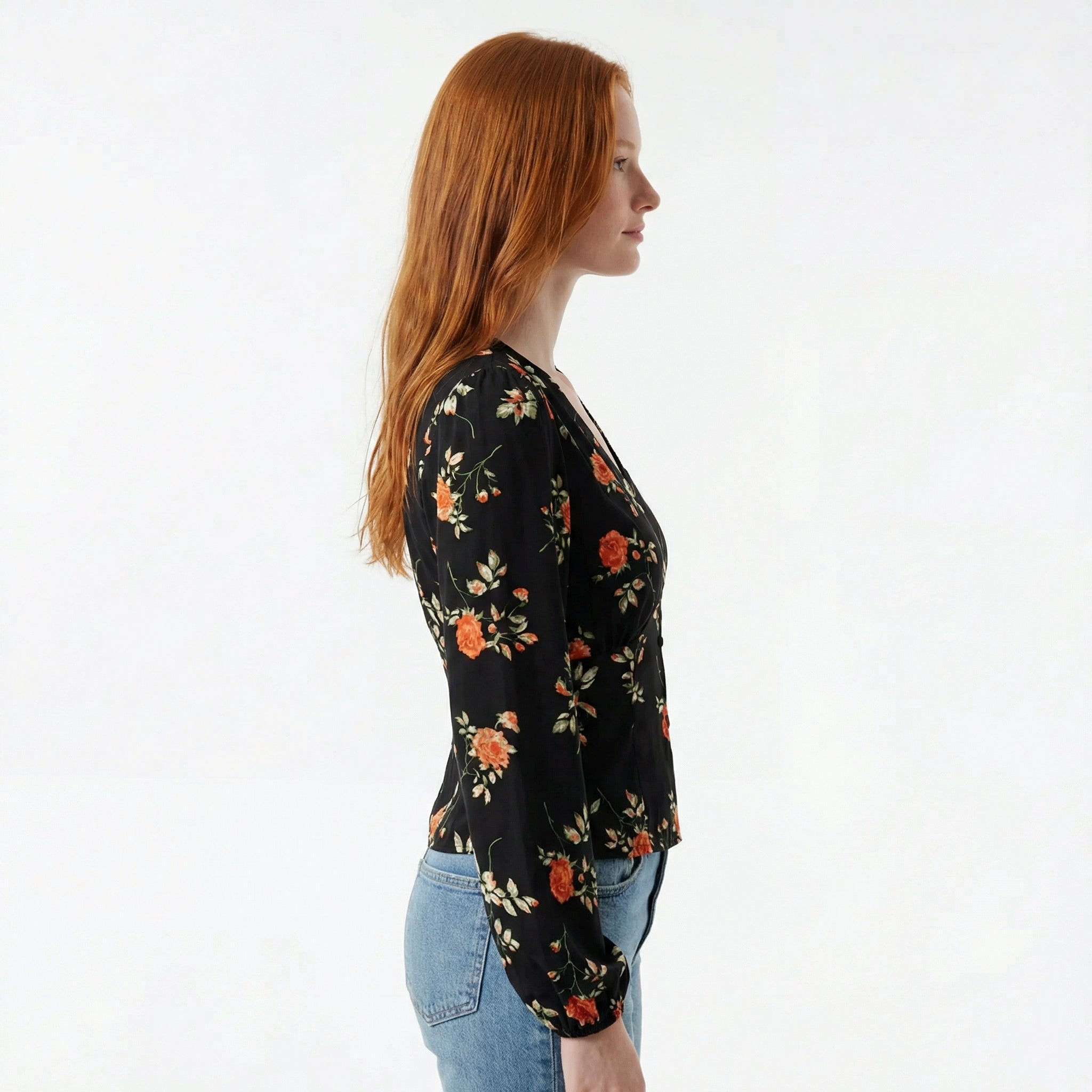 Black Elegant Floral Blouse - V Neck, Long Lantern Sleeve, Slim Fit Ruched Design