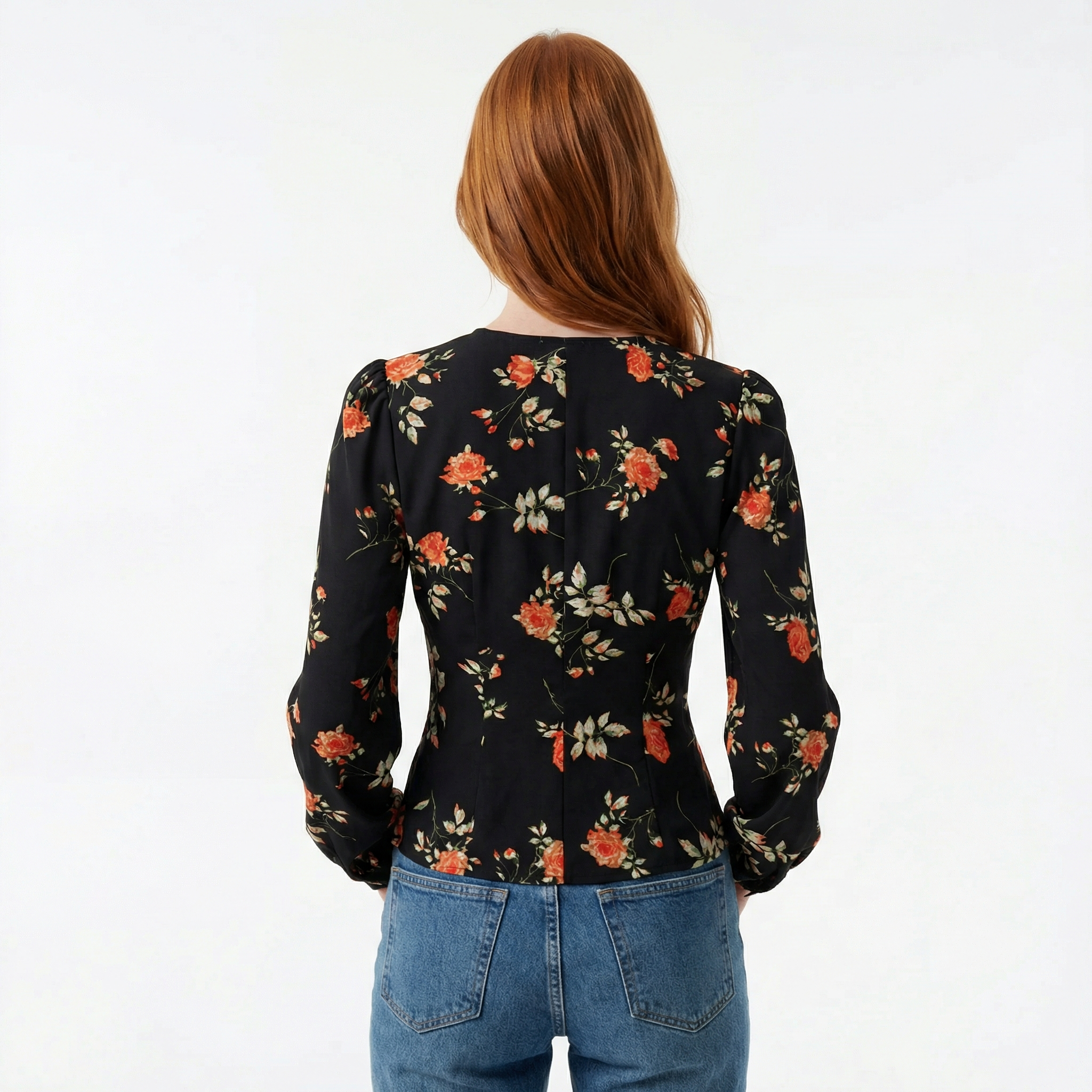 Black Elegant Floral Blouse - V Neck, Long Lantern Sleeve, Slim Fit Ruched Design