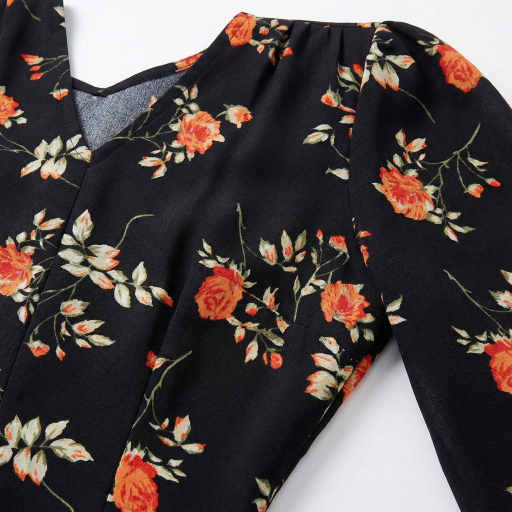 Black Elegant Floral Blouse - V Neck, Long Lantern Sleeve, Slim Fit Ruched Design