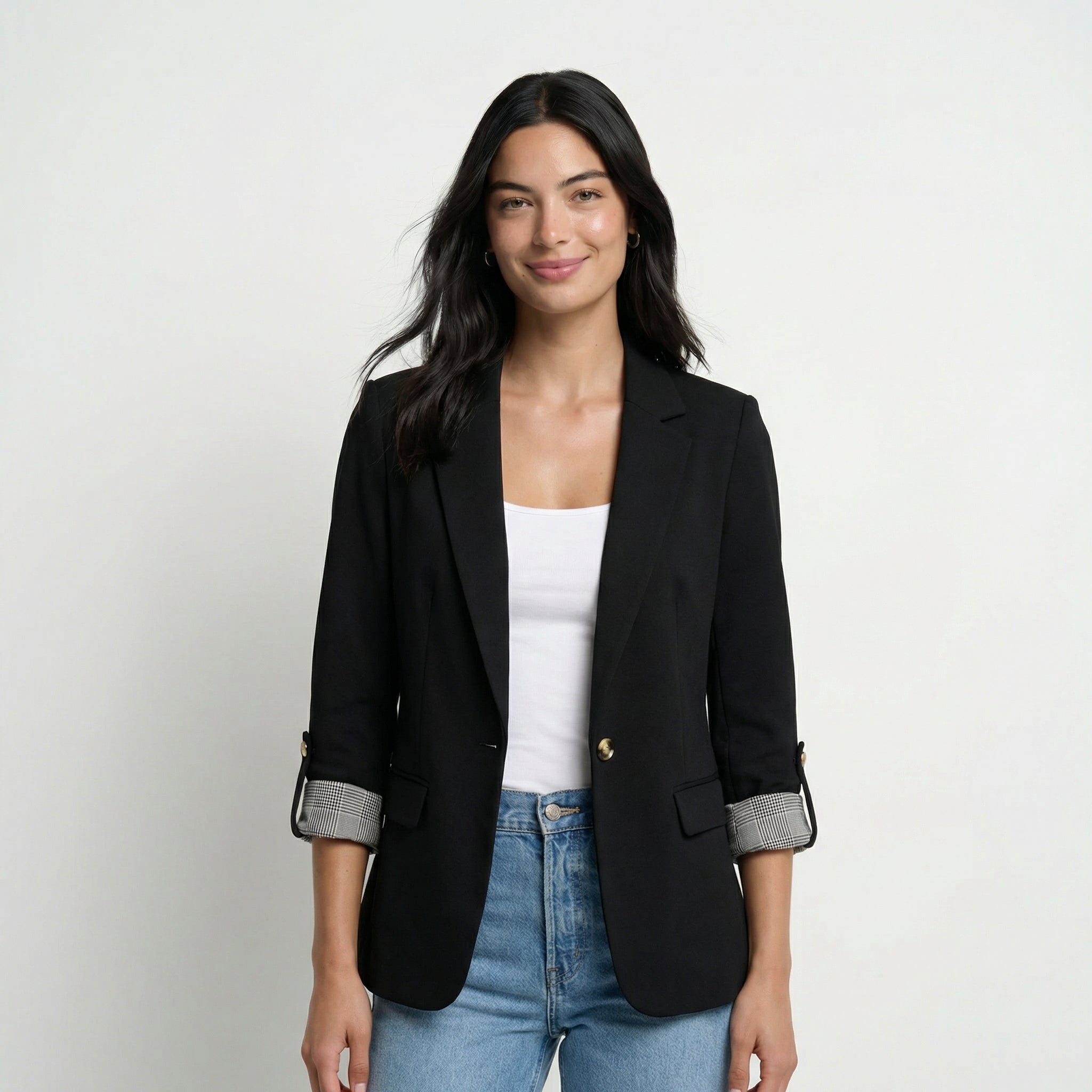 Women's Tailored Blazer - Roll-Up Sleeves with Striped Lining, Structured Lapel, Single-Button Closure