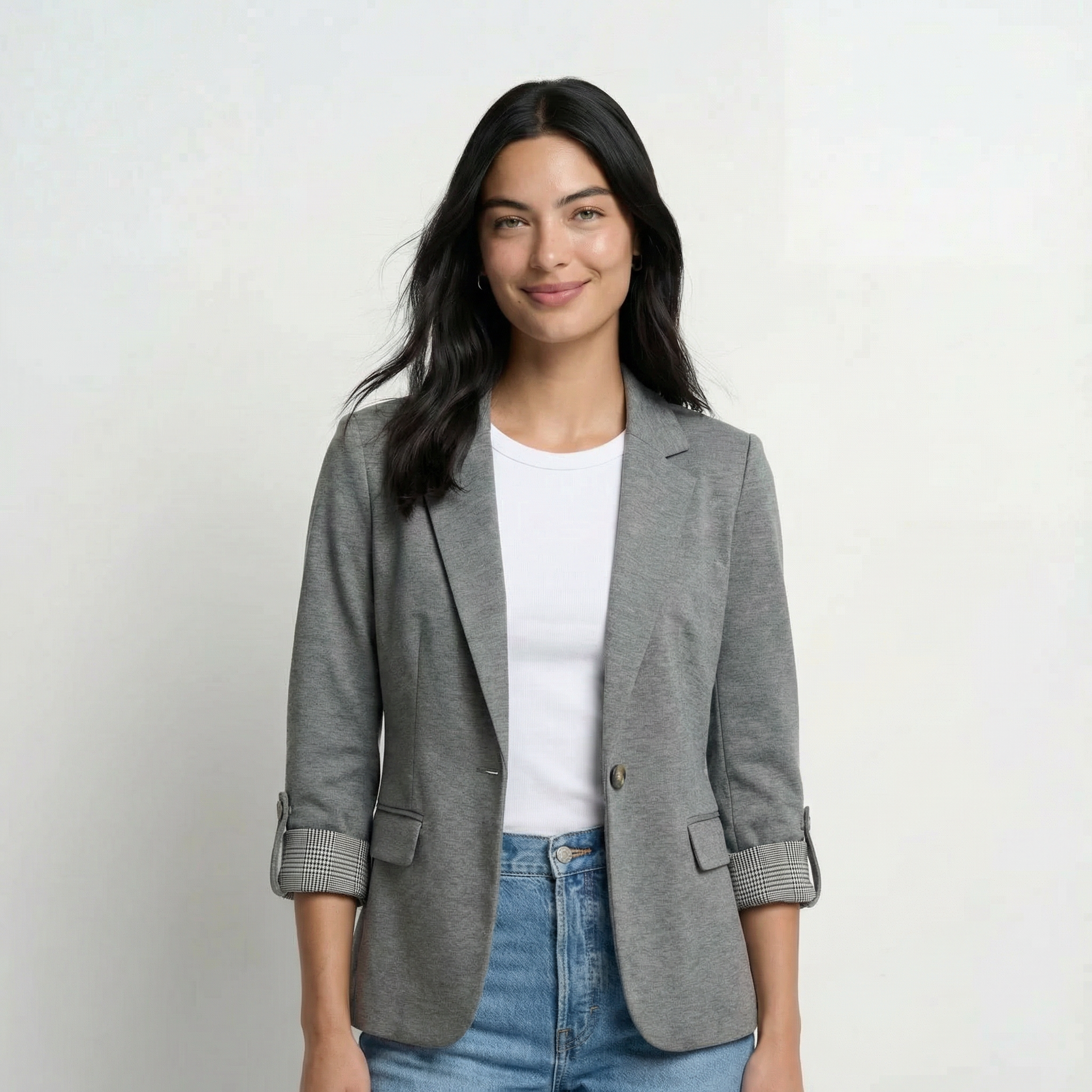 Women's Tailored Blazer - Roll-Up Sleeves with Striped Lining, Structured Lapel, Single-Button Closure